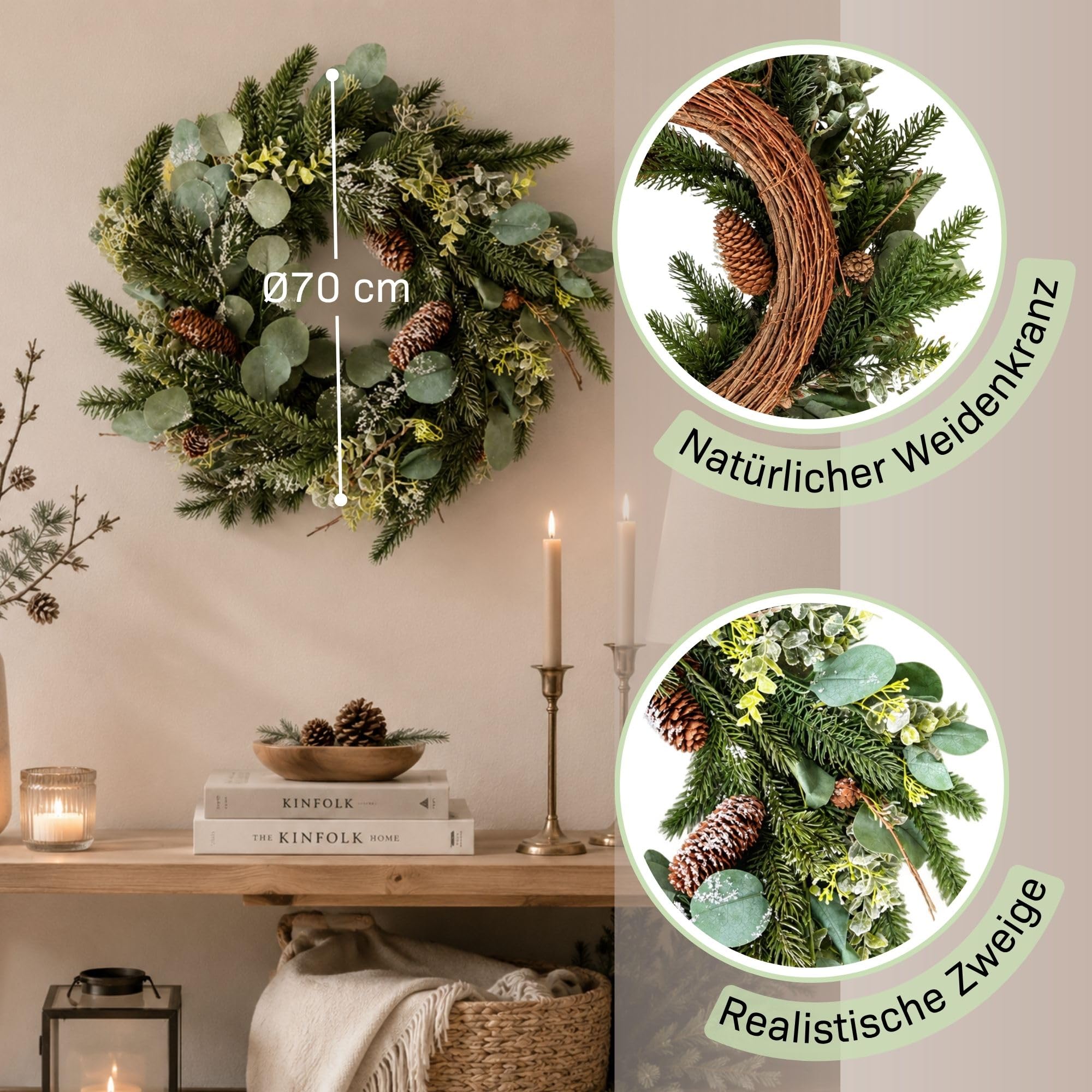 Weihnachtskranz Türkranz künstlich, Adventskranz wie echt, ∅70cm