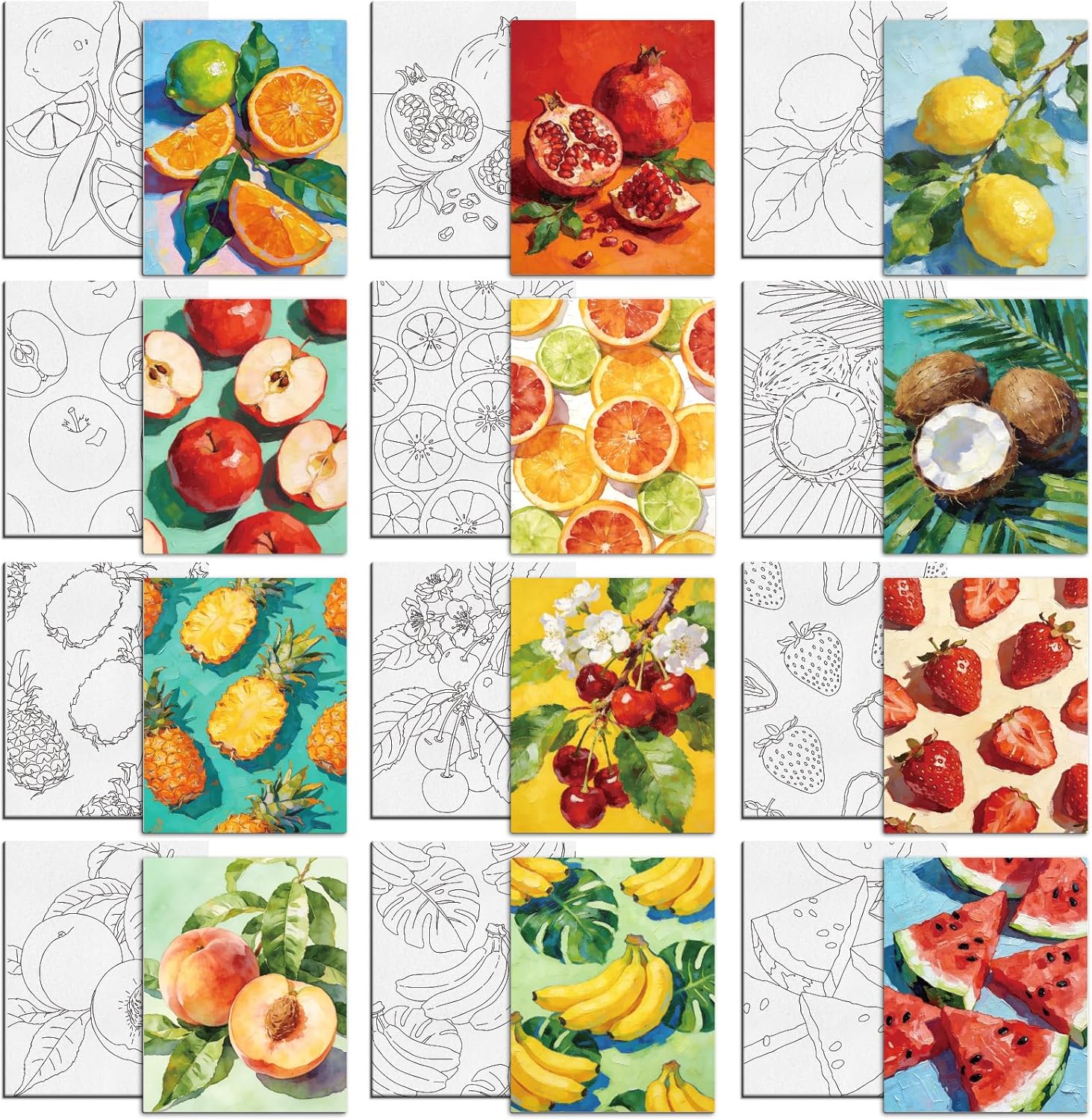 MAYJOYDIY 12 Pcs Fruits Pre Drawn Canvas to Painting Orange Lemon Pre Printed Canvas for Adults 9.8×7.9 Inch Apple Pomegranate DIY Paint Art Supplies for Beginners, Students, Party Gifts