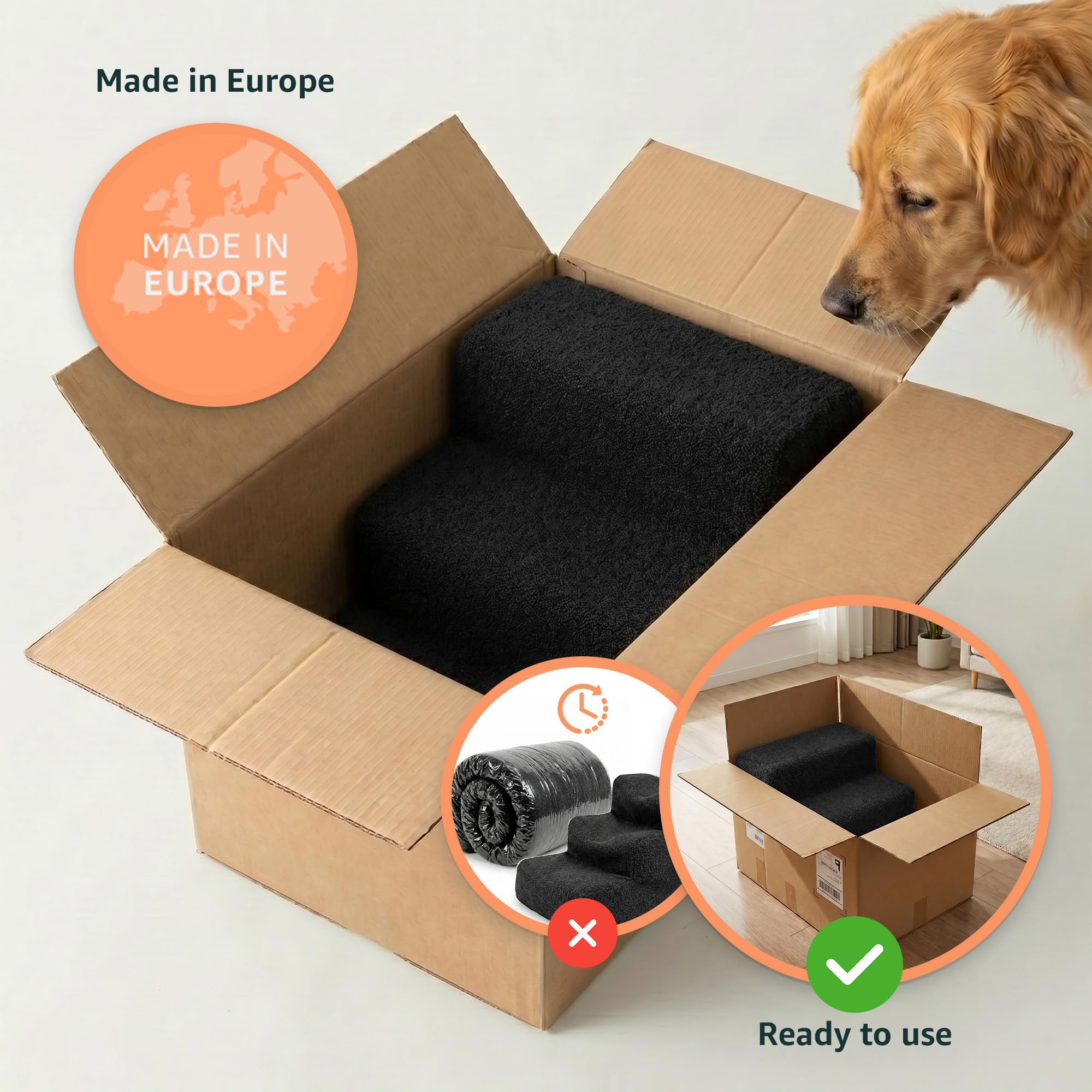 murando Escalera para Perros de 3 Etapas - Rampa de 30 cm de Altura para Cama y Sofá - Peldaños para Mascotas, Perros y Gatos - Espuma de Alta Densidad, Antideslizante - Material de Bouclé - Negro