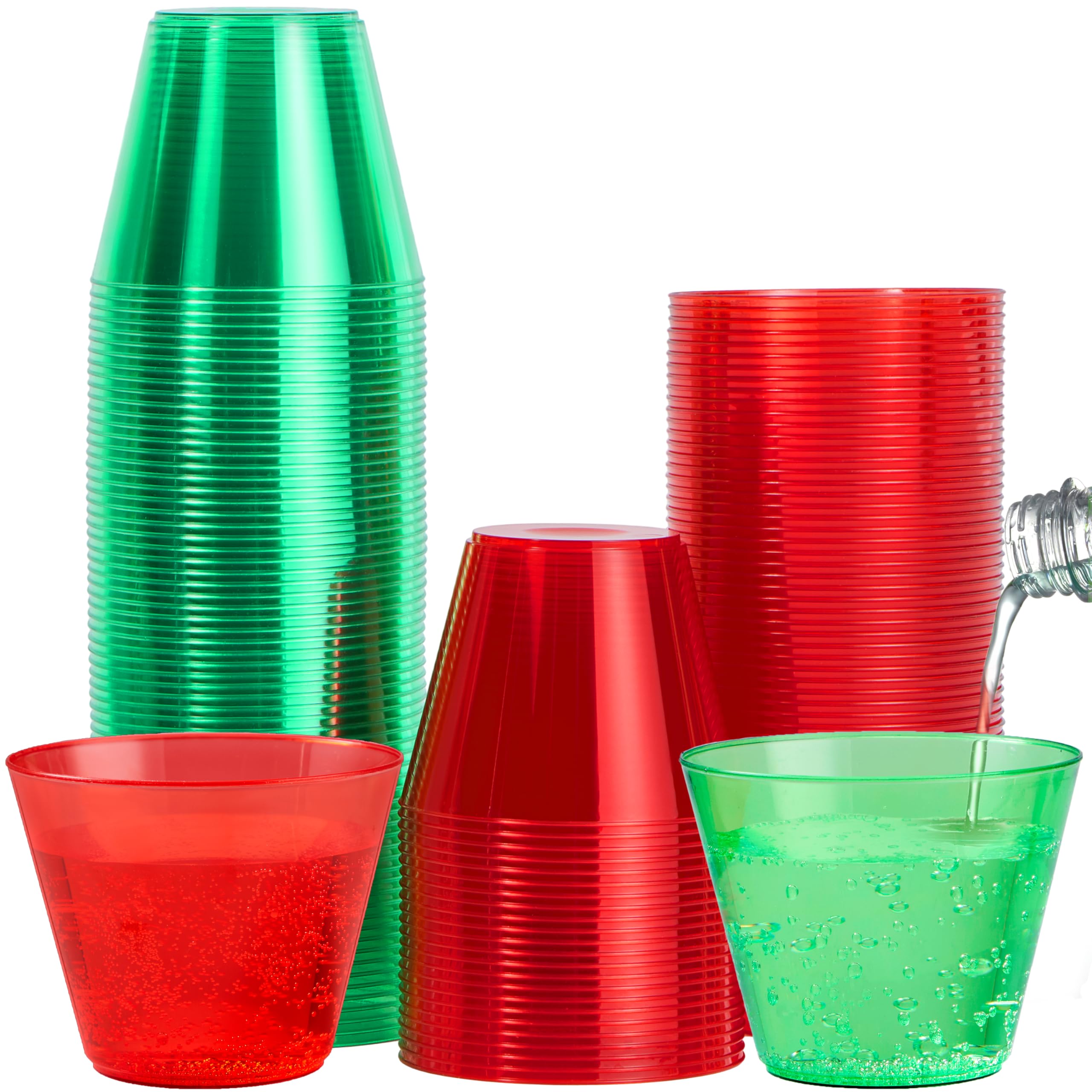 JOYIN 144PCS Clear Disposable Plastic Cups, 9 OZ Christmas Red and Green Plastic Drinking Cup Bulk, Plastic Wine Glasses, Cold Drinking Beverage Cups for Xmas, Holiday Tableware Party Supplies