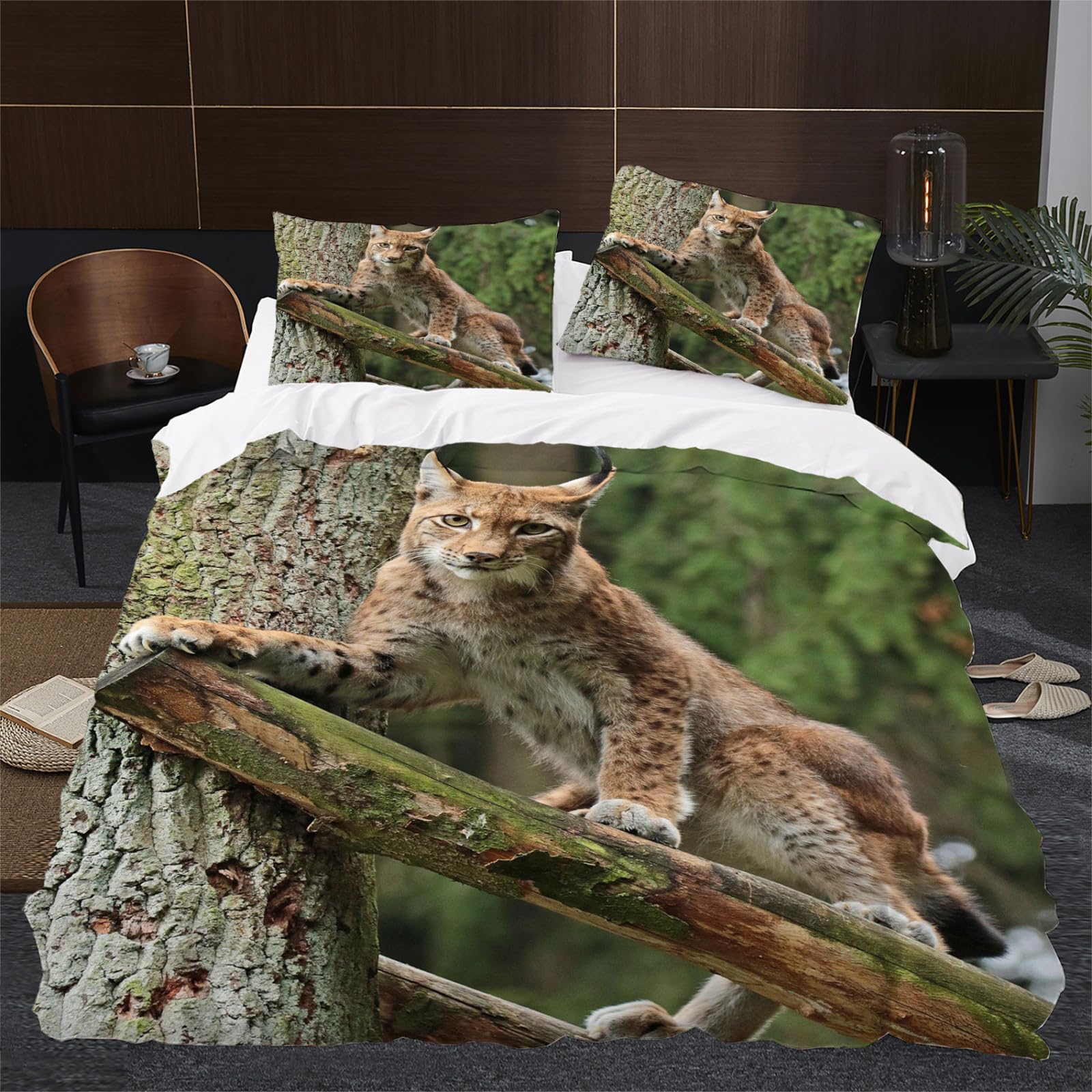 Ciemnozielony ryś komplet pościeli 220 x 240 cm, pościel ze zwierzętami dla chłopców i dziewczynek, i dorosłych, zestaw pościeli ze wzorem i 2 poszewki na poduszkę 80 x 80 cm z zamkiem błyskawicznym