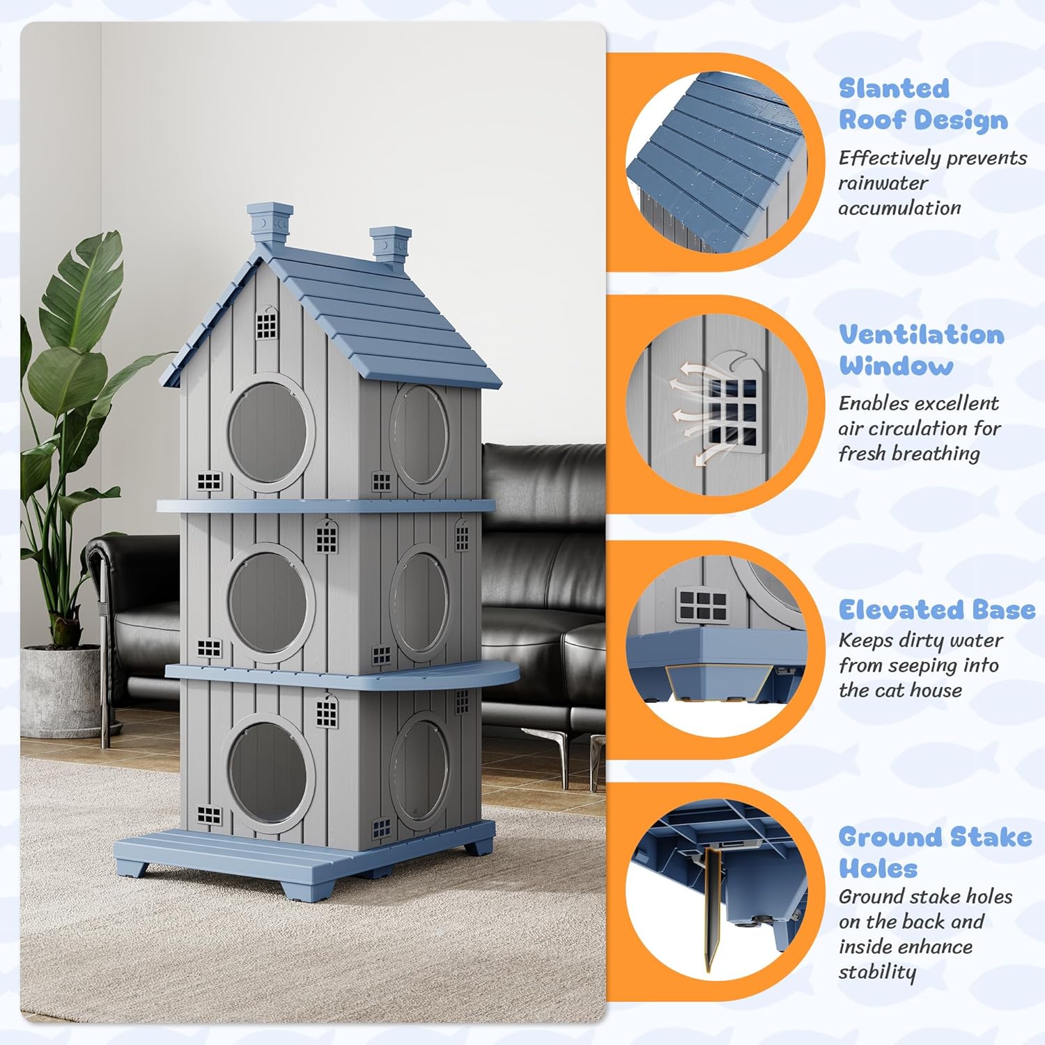 Outdoor Cat House Weatherproof, Durable Resin Cat Houses for Outdoor Indoor Cats, Litter Box Enclosure with Elevated Base, Anti-Slip Pad, Ventilation, Three-Story, Grey Blue