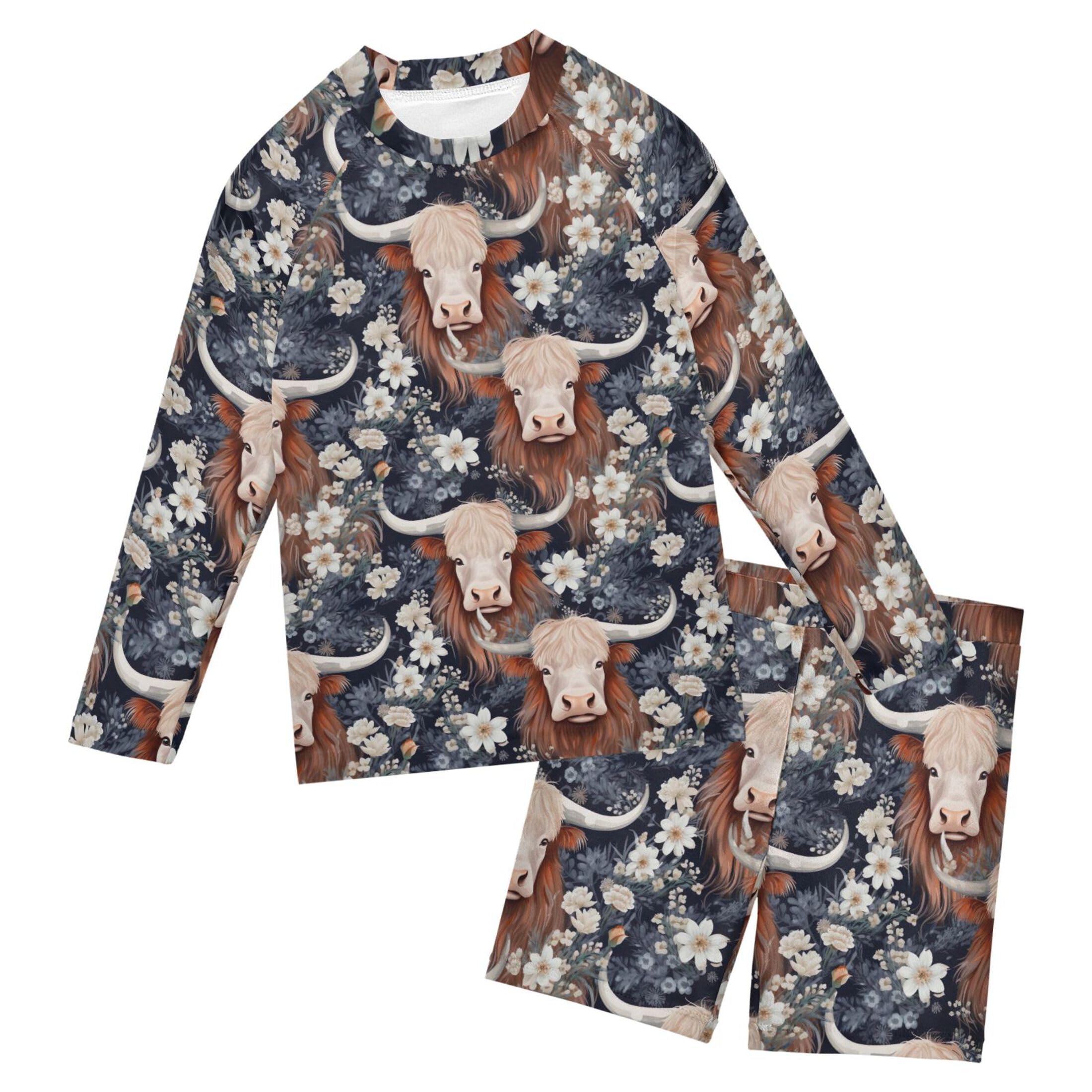 Highland Cow Flowers Animal Baby Boys' Toddler Long Sleeved Rashguard Swim Bathing Suit Set B0403268