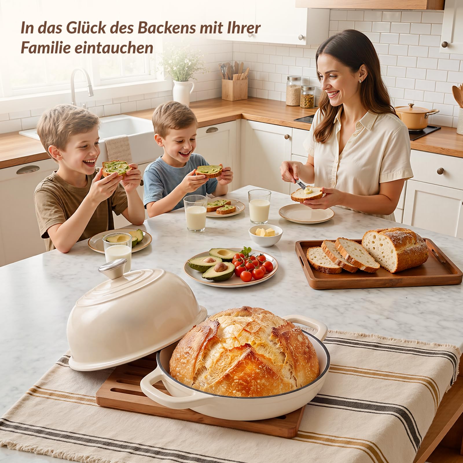 Warmiehomy Gusseisen Topf, 4.4L Emaille Brotbacktopf mit Gewölbter Deckel