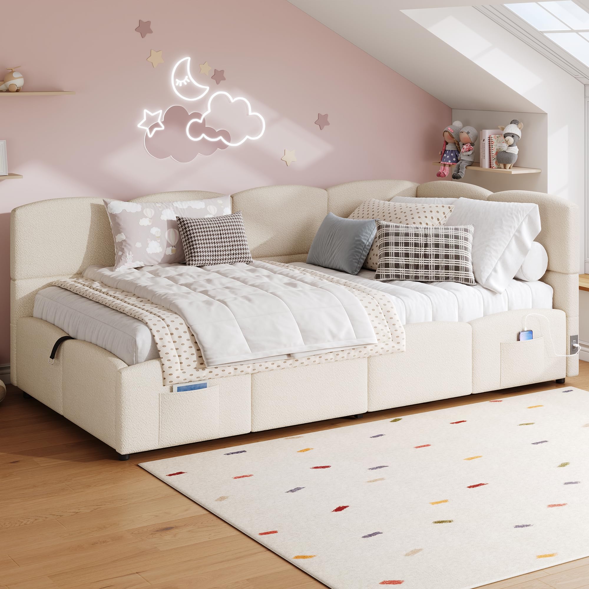 Merax 3FT Upholstered Single Sofa Bed Daybed with Slatted Frame, Hydraulic Storage and USB Charging Port, Boucle Children’s Ottoman Bed, 90 x 190 cm, Beige (Mattress Not Included)