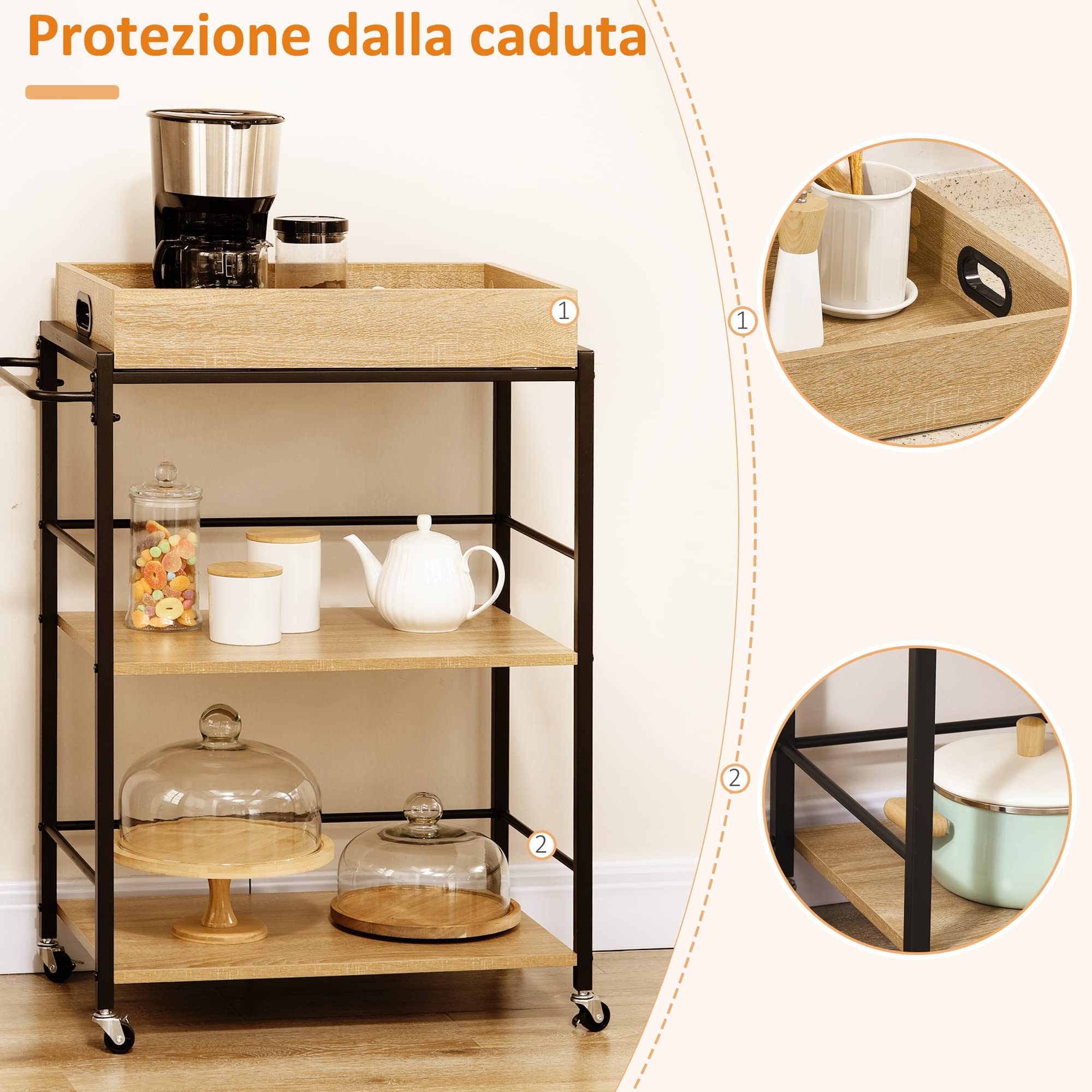 HOMCOM Carrello da Cucina a 3 Ripiani con Vassoio Rimovibile e Ruote Girevoli, Carrellino per Cucina in Stile Industriale 72x40x94cm, Legno e Nero