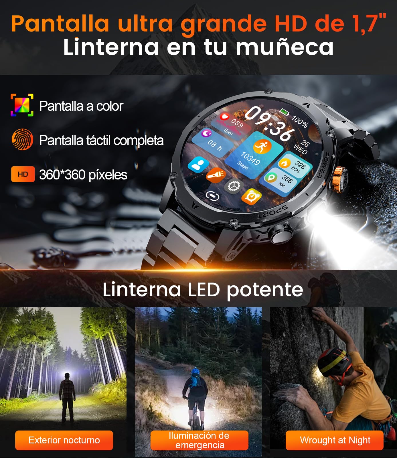 Reloj Inteligente Hombre con 1000 mAh/Linterna/Llamada Bluetooth, 1,7'' Smartwatch Militar con 110+ Modos Deportivos, IP68 Impermeable, Frecuencia Cardíaca, Android iOS, 3 Pulseras+2 Cargadores,EF24-F