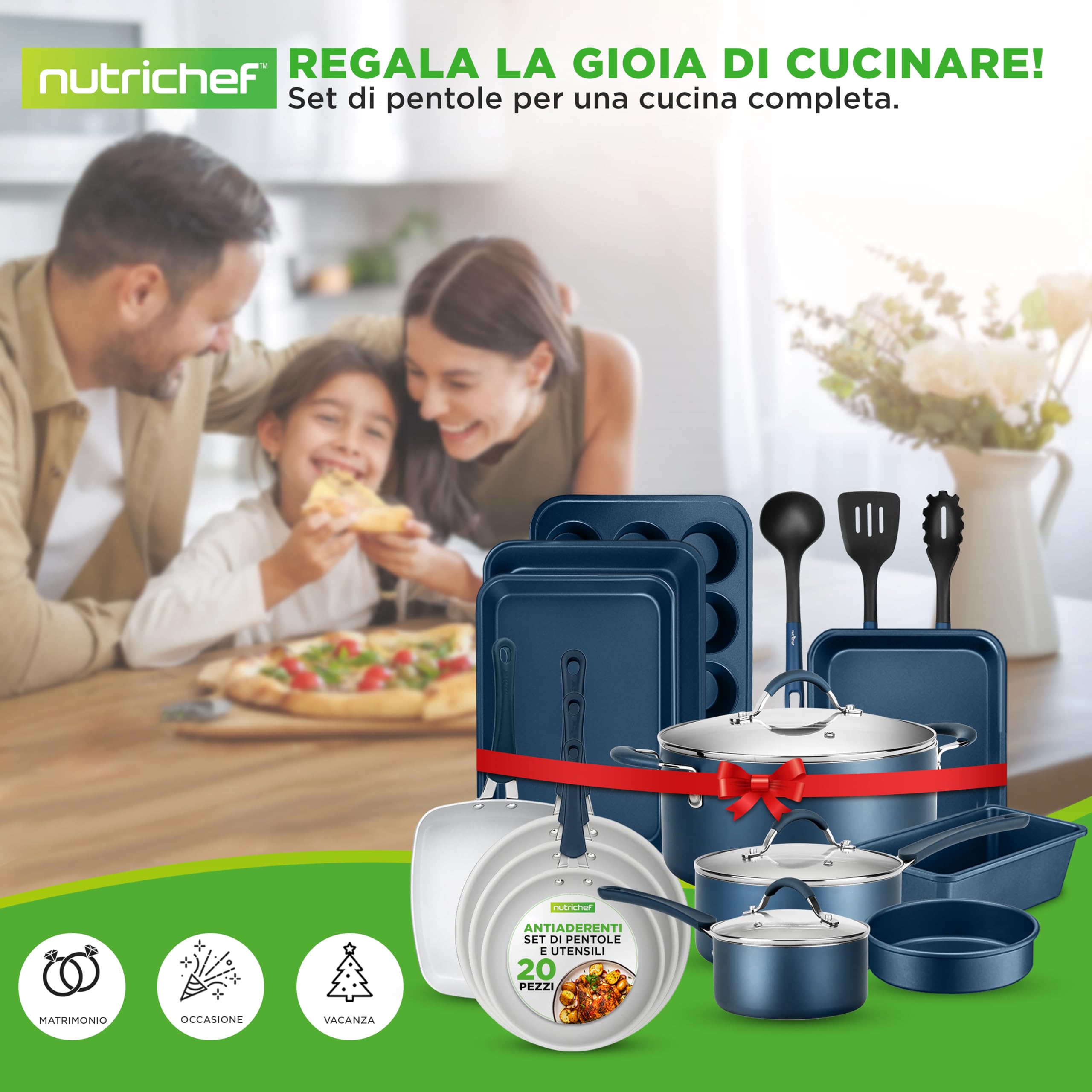 NutriChef Set di Pentole e Padelle Antiaderenti 20 Pezzi, Padella Antiaderente, Manici a Prova di Calore, Adatto per Fornelli a Gas, Elettrici e a Induzione, Facile da Pulire, Blu Marino