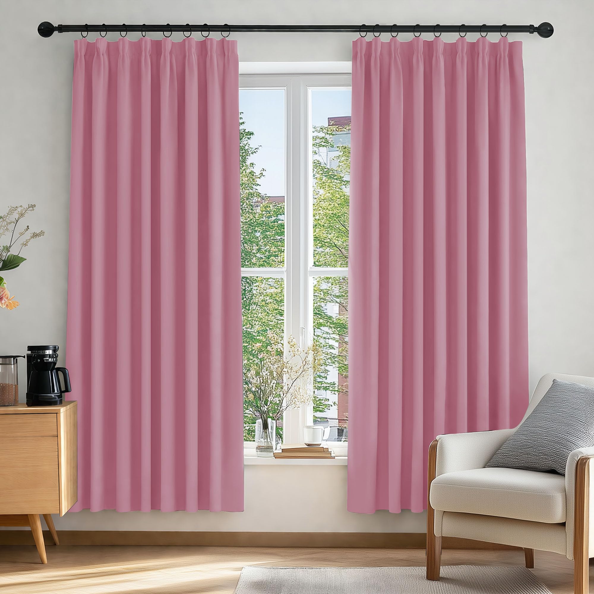 Deconovo Super Soft Pencil Pleat Curtains Thermal Insulated Blackout Curtains for Kids Bedroom 66 x 72 Pink Two Panels — image 1