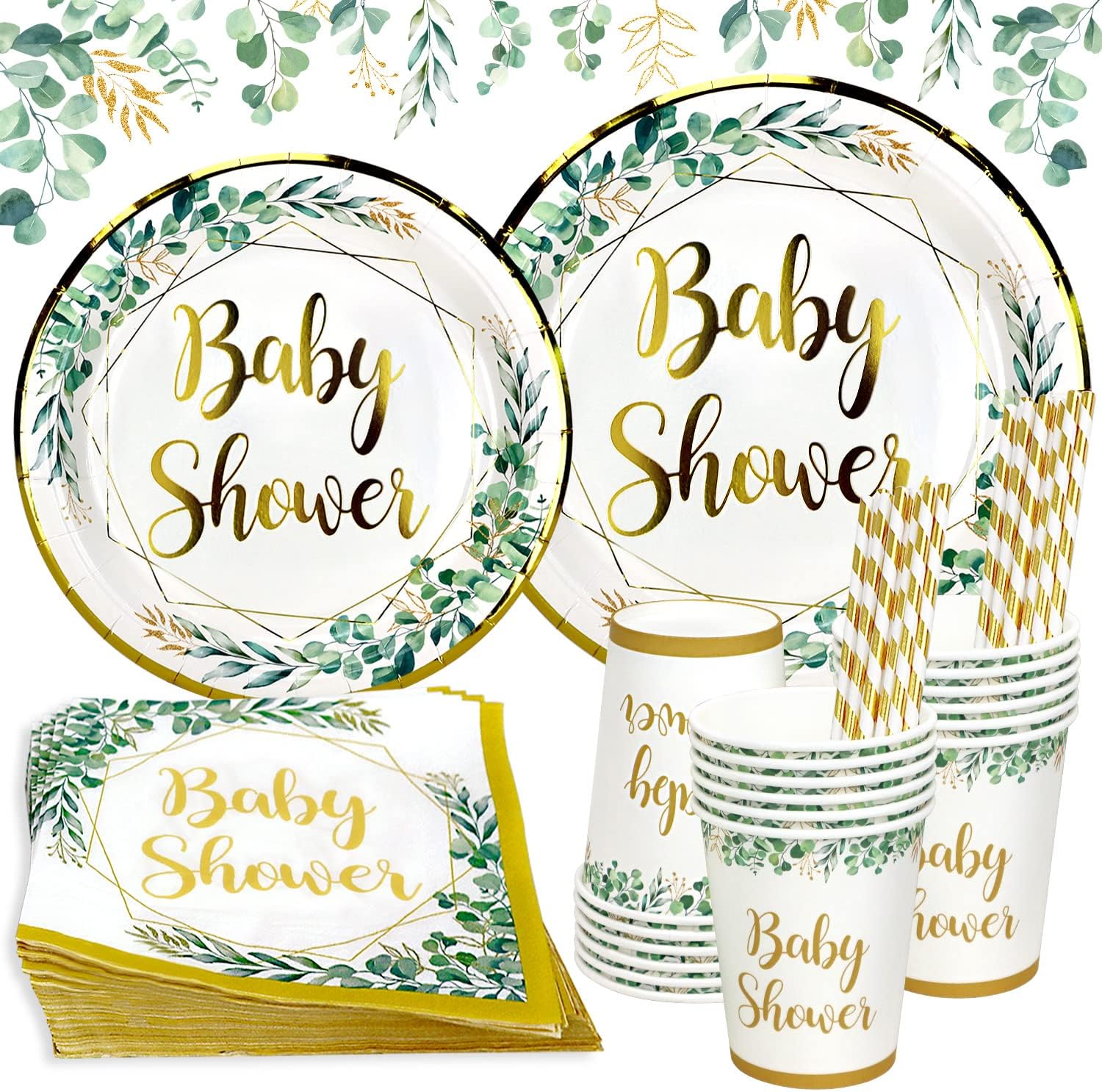 Sage Green Neutral Baby Shower Decorations Plates Set for 25 Guests,125 Pieces Paper Plates Cups