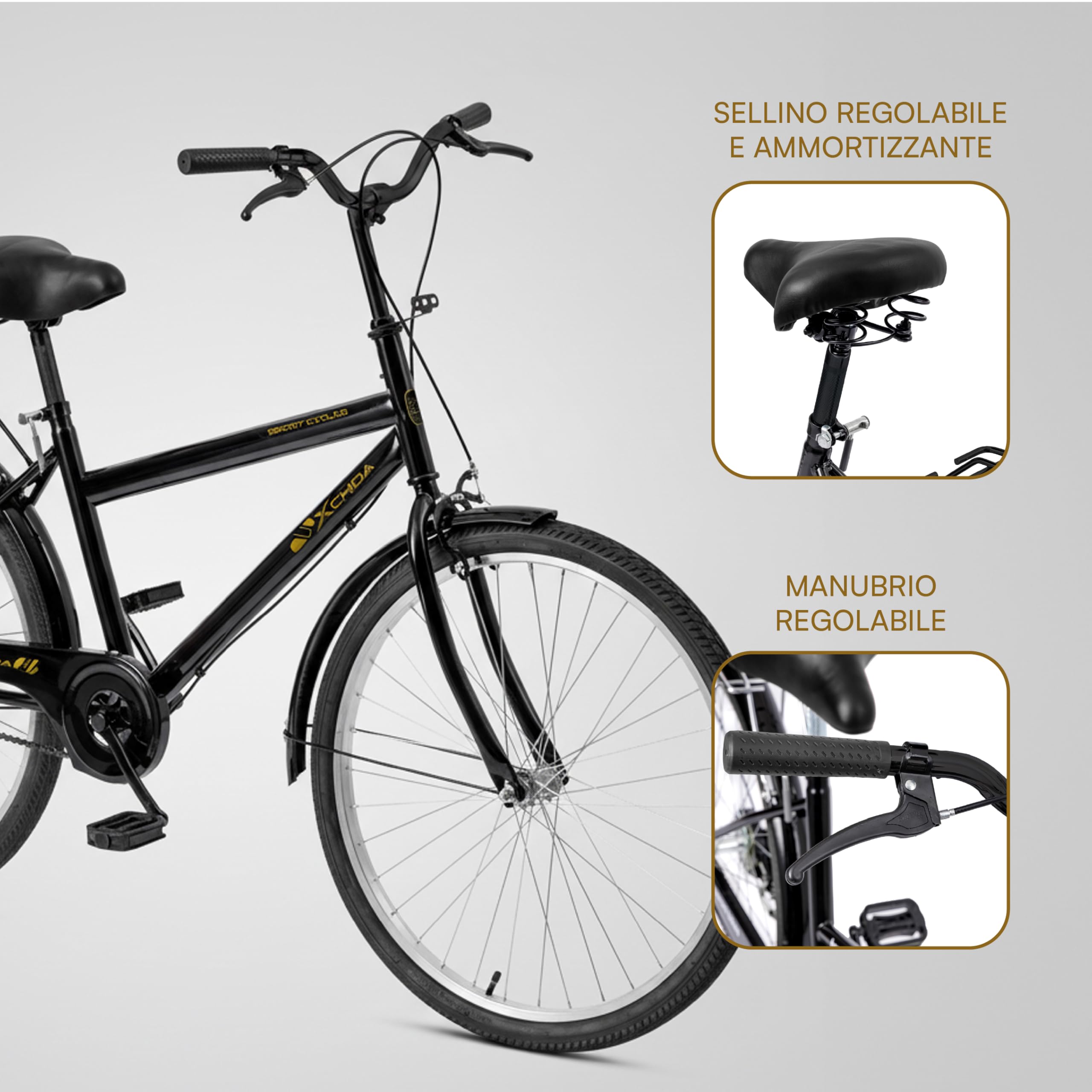 Baroni Home Bicicletta da Passeggio, Manubrio e Sellino Regolabile, Bici con Doppio Freno Anteriore e Posteriore, 26 Pollici, City Bike, Nero, 168x110 cm