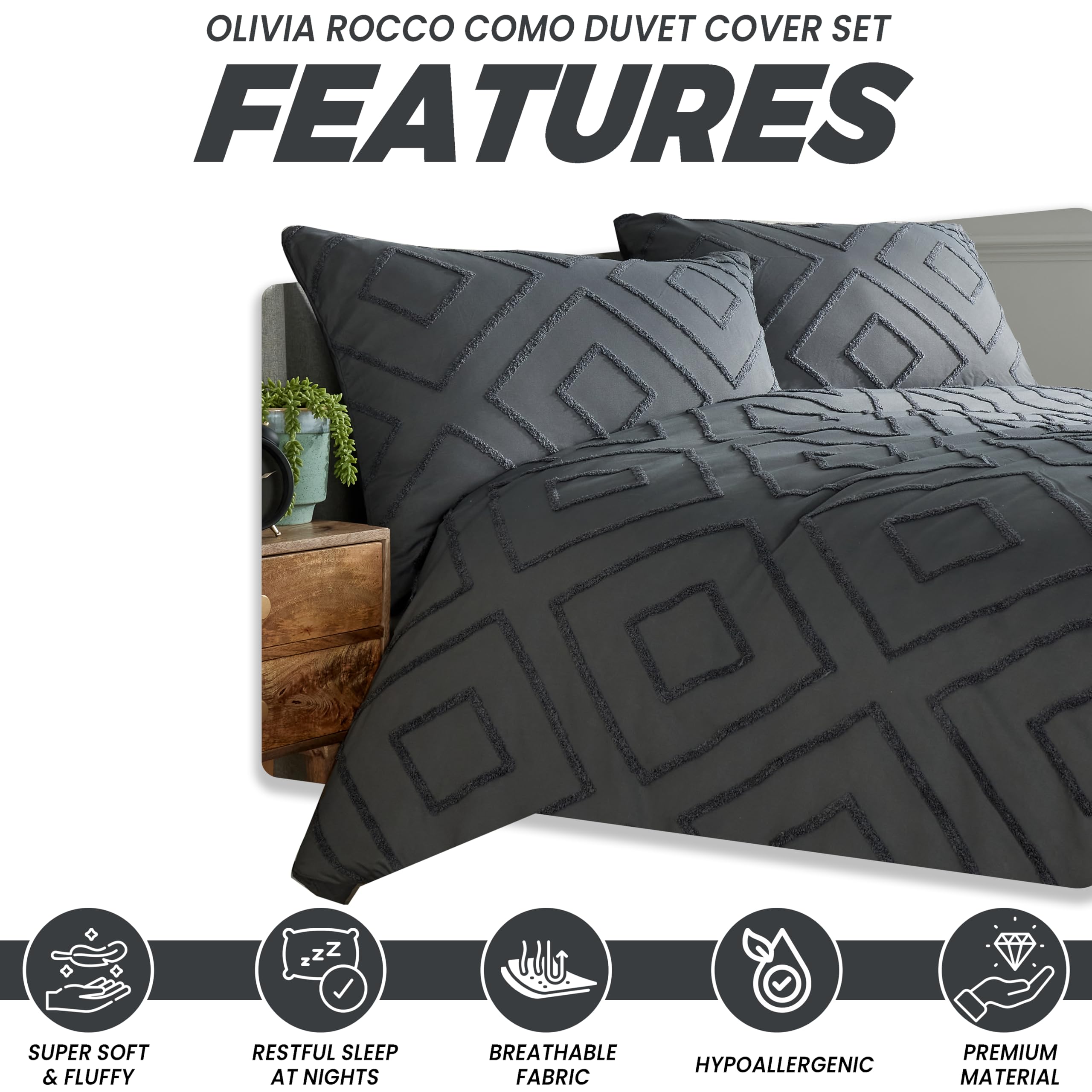 Olivia Rocco Como Duvet Cover Set Luxury Tufted Easy Care Bedding Quilt Cover Sets With Pillowcases, Double Grey - Image 3