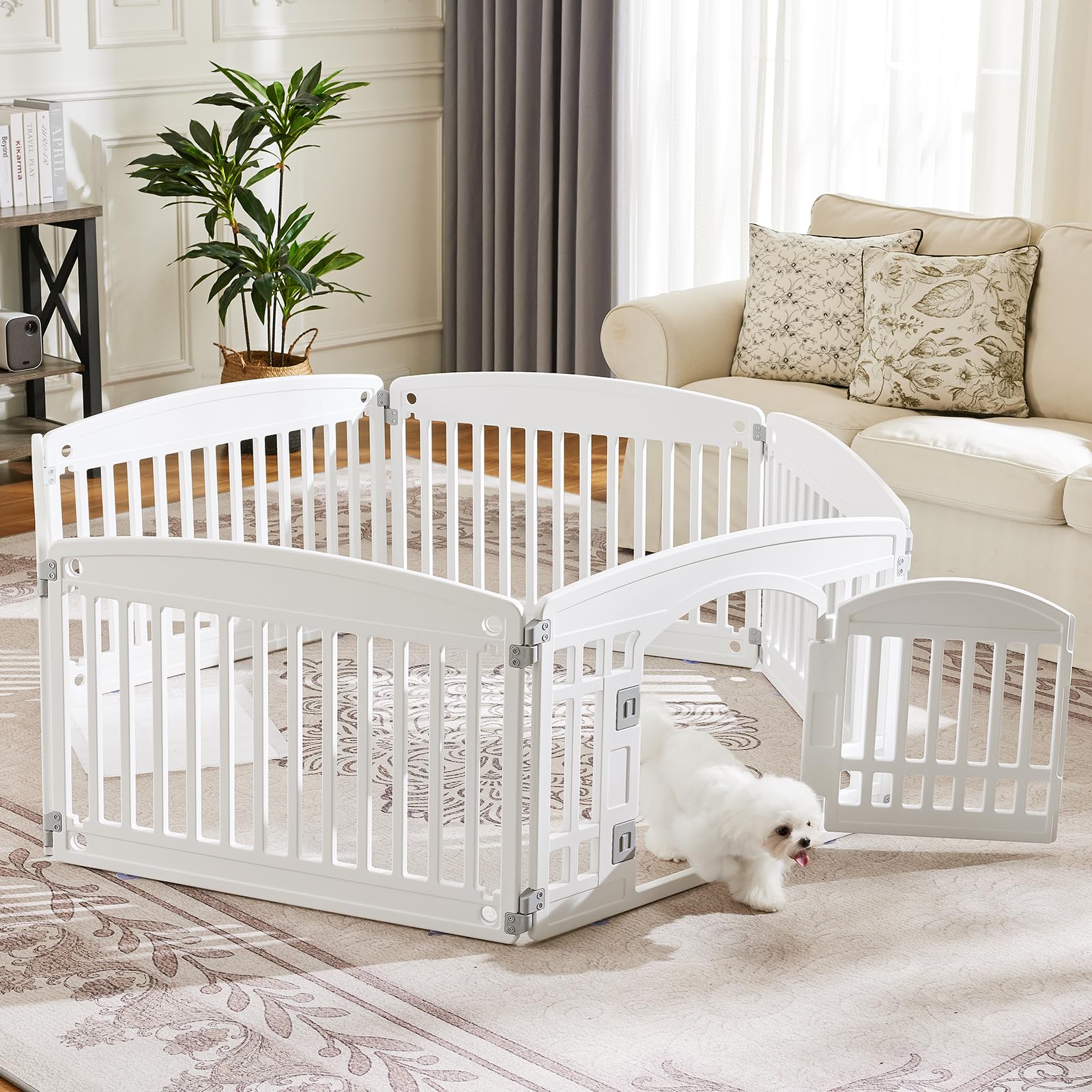 Plastic Dog Playpen - 6-Panel 24" Expandable & Durable Pet Fence for Medium Dogs - Indoor & Outdoor Portable Puppy Playpen with Secure Locking Door, White