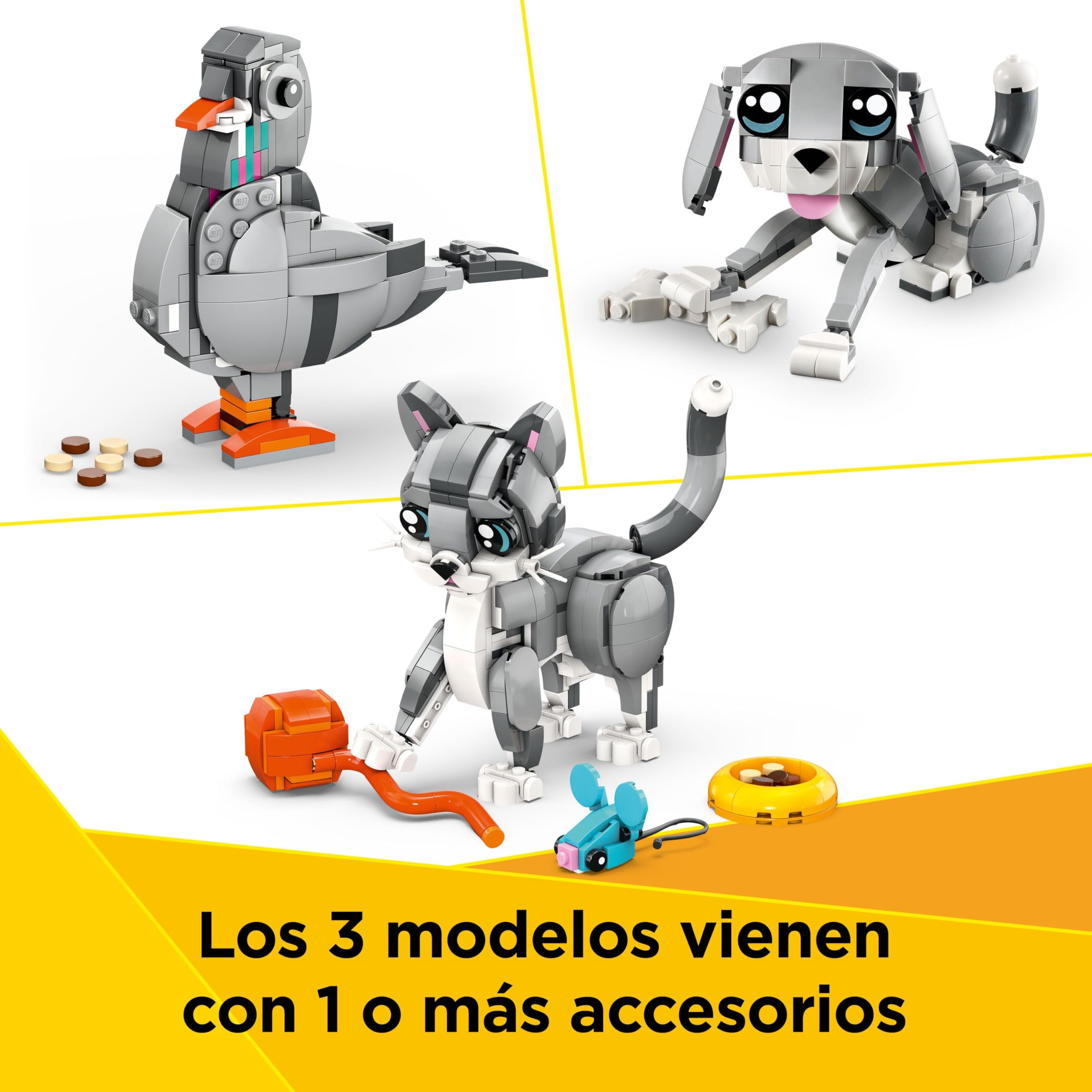 LEGO Creator 3 en 1 Gato Juguetón de Juguete - Transformable en Figura Articulada de Perro o Paloma - Juego con Animales - Regalo de Cumpleaños para Niñas y Niños de 8+ Años 31163