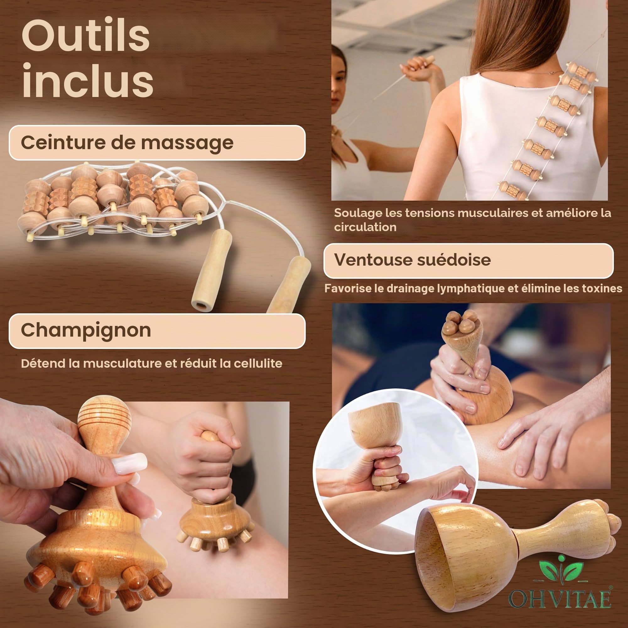Kit de Madérothérapie en Bois 6 Pièces – Outils de Massage Naturels Anti-Cellulite – Rouleau en Bois, Coupe Suédoise, Champignon et Planche Modelante – Set Massage Corps avec Sac & Guide QR