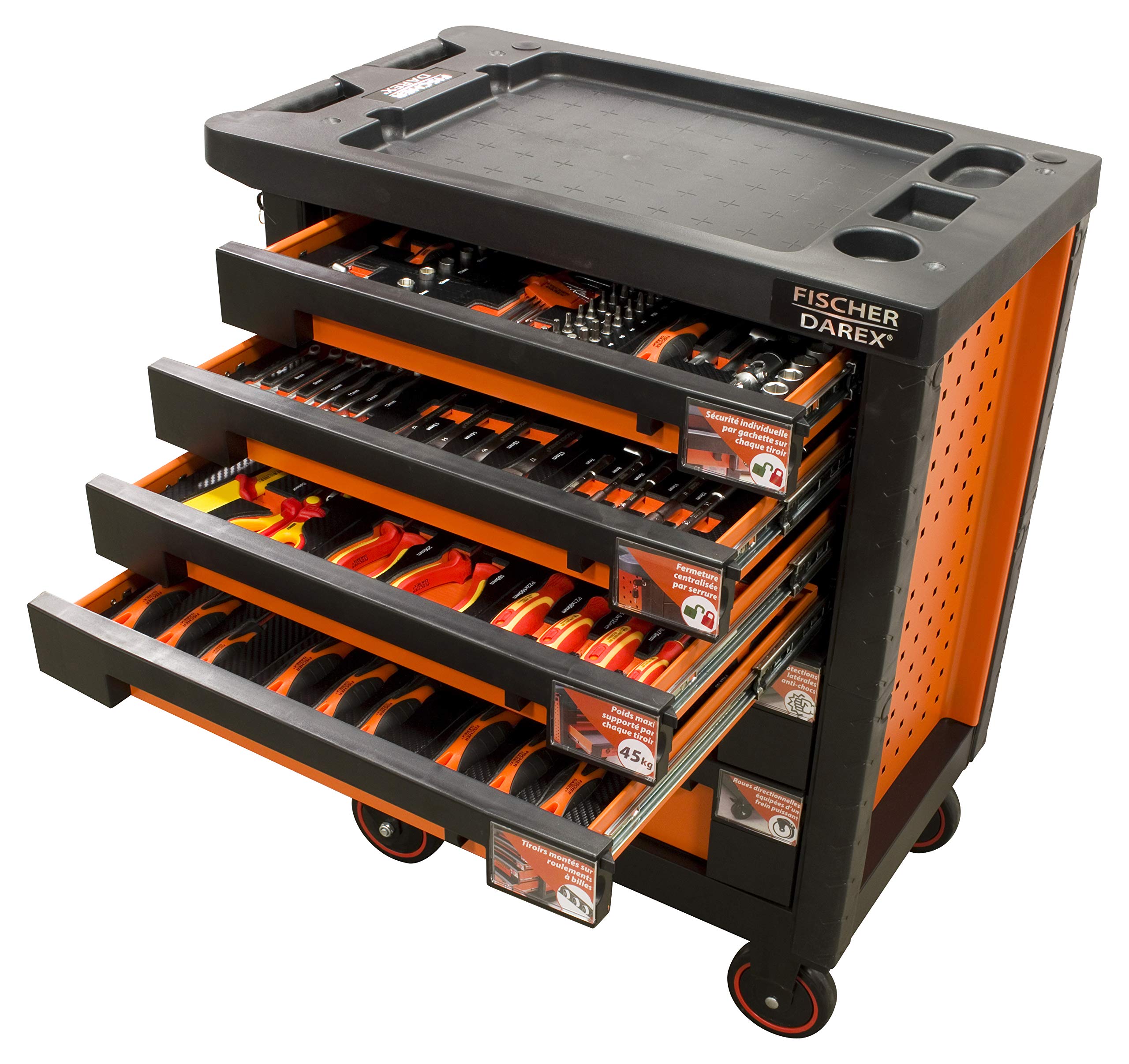 Fischer Darex - Servante d'atelier verrouillable, 6 tiroirs équipés clés + douilles + tournevis 145 outils
