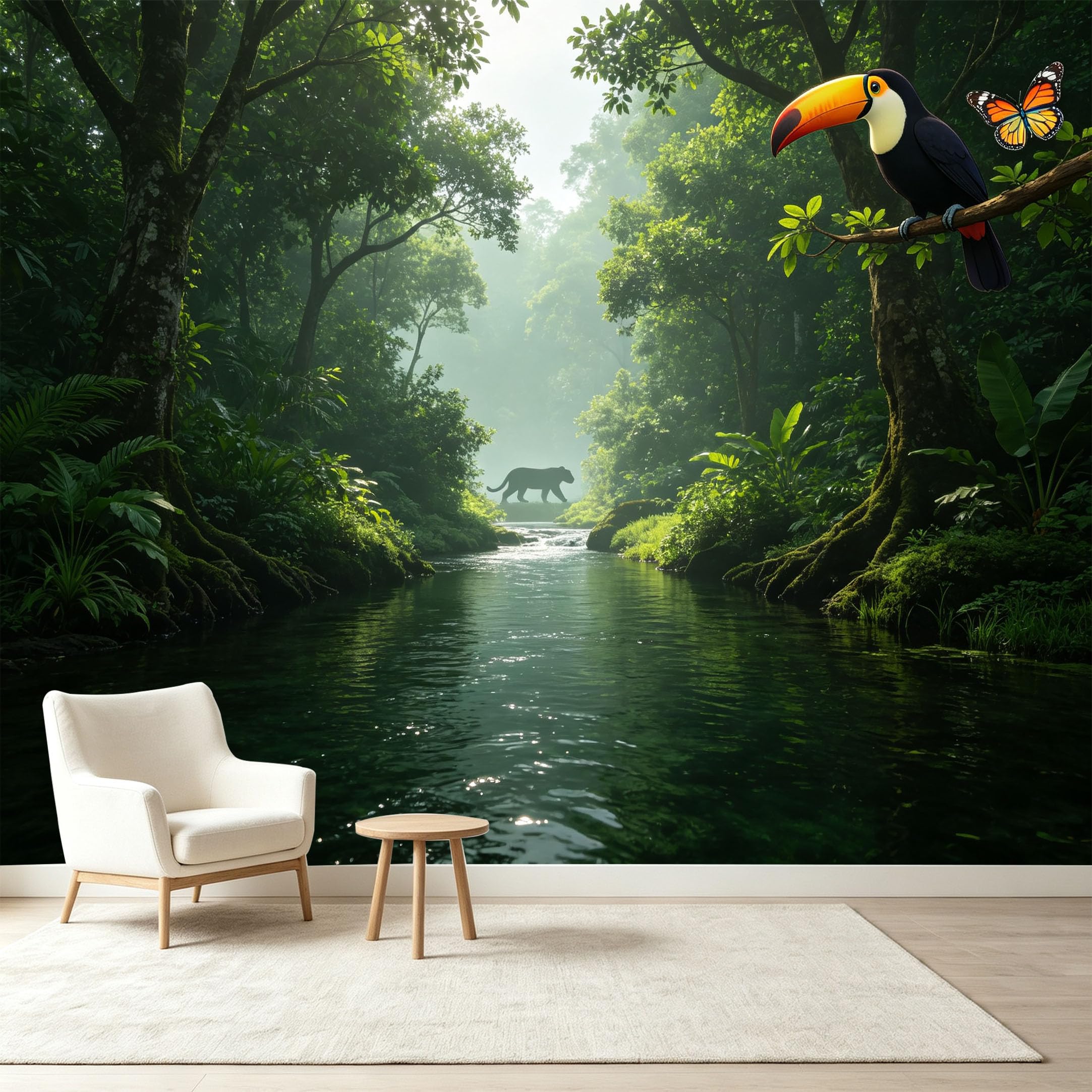 Custom Size Wall Murals Tropical Jungle Rainforest Toucan Panther River Self-Adhesive Wall Fabric Removable Wallpaper Wall Decor for Living Room Bedroom Bathroom