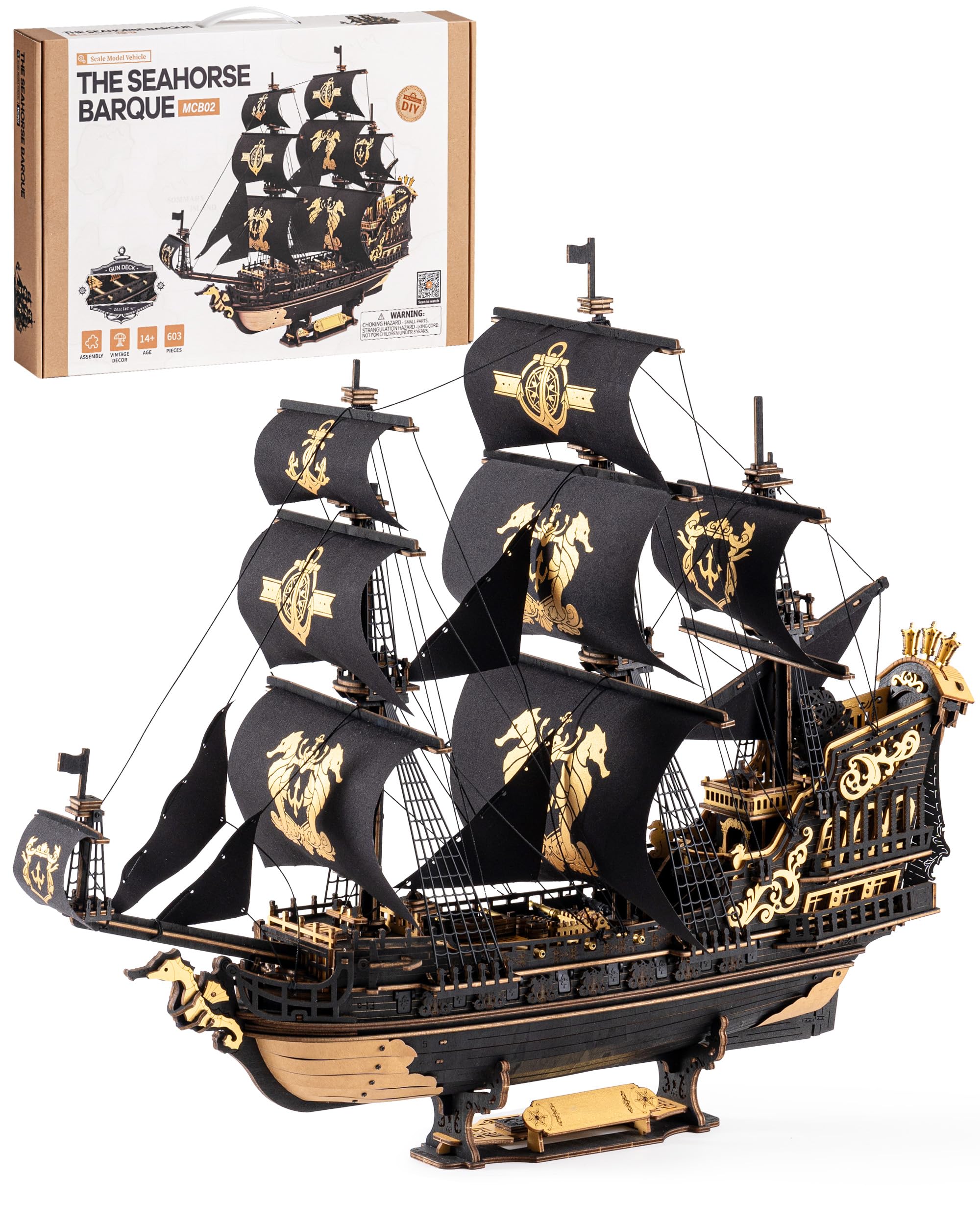 ROBOTIME 3D Wooden Puzzle Seahorse Barque, Model Kit for Adults to Build Jigsaw Sailing Ship Building Construction Craft Kit