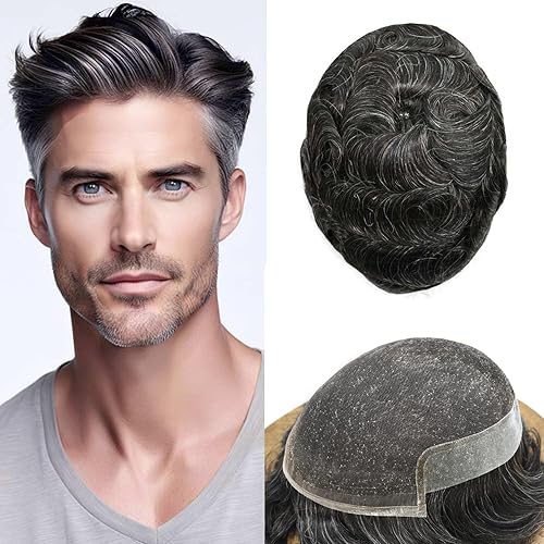 Healthlif Toupee - Sistema de cabello humano no quirúrgico para hombres Toupee indetectable de encaje para hombres extensiones de cabello gris 100