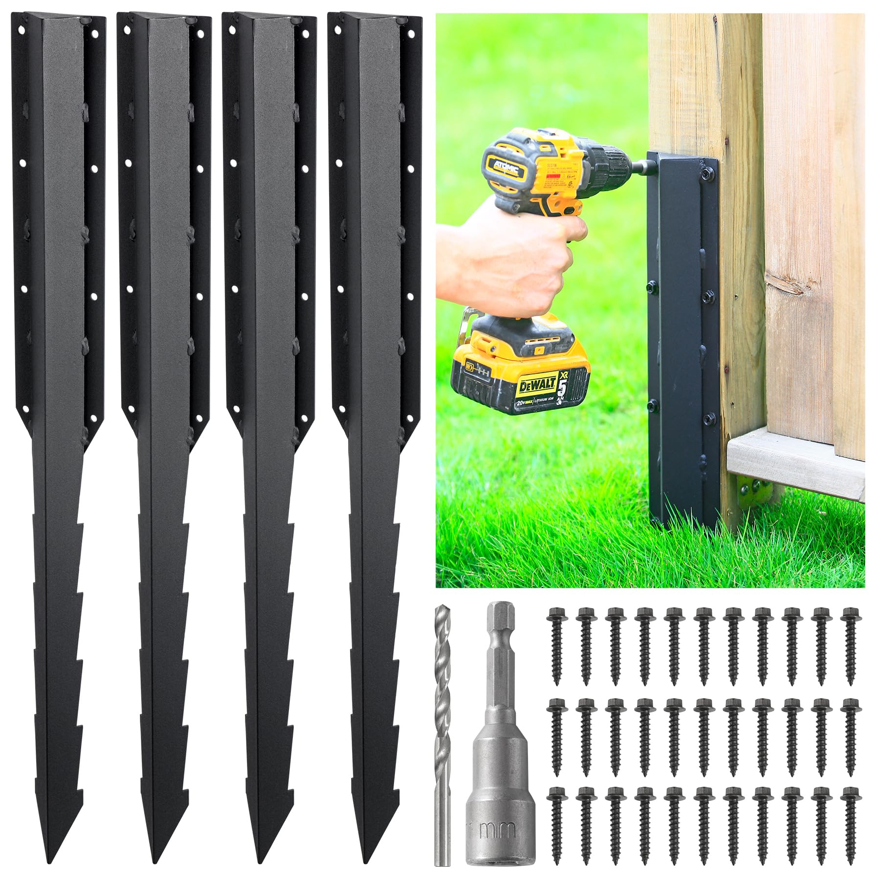Photo 1 of AECXM 4 Pack Angle Steel Fence Post Repair Bracket, Strong Repair of Leaning/Rotting Wood Fence (Black) 4 Black