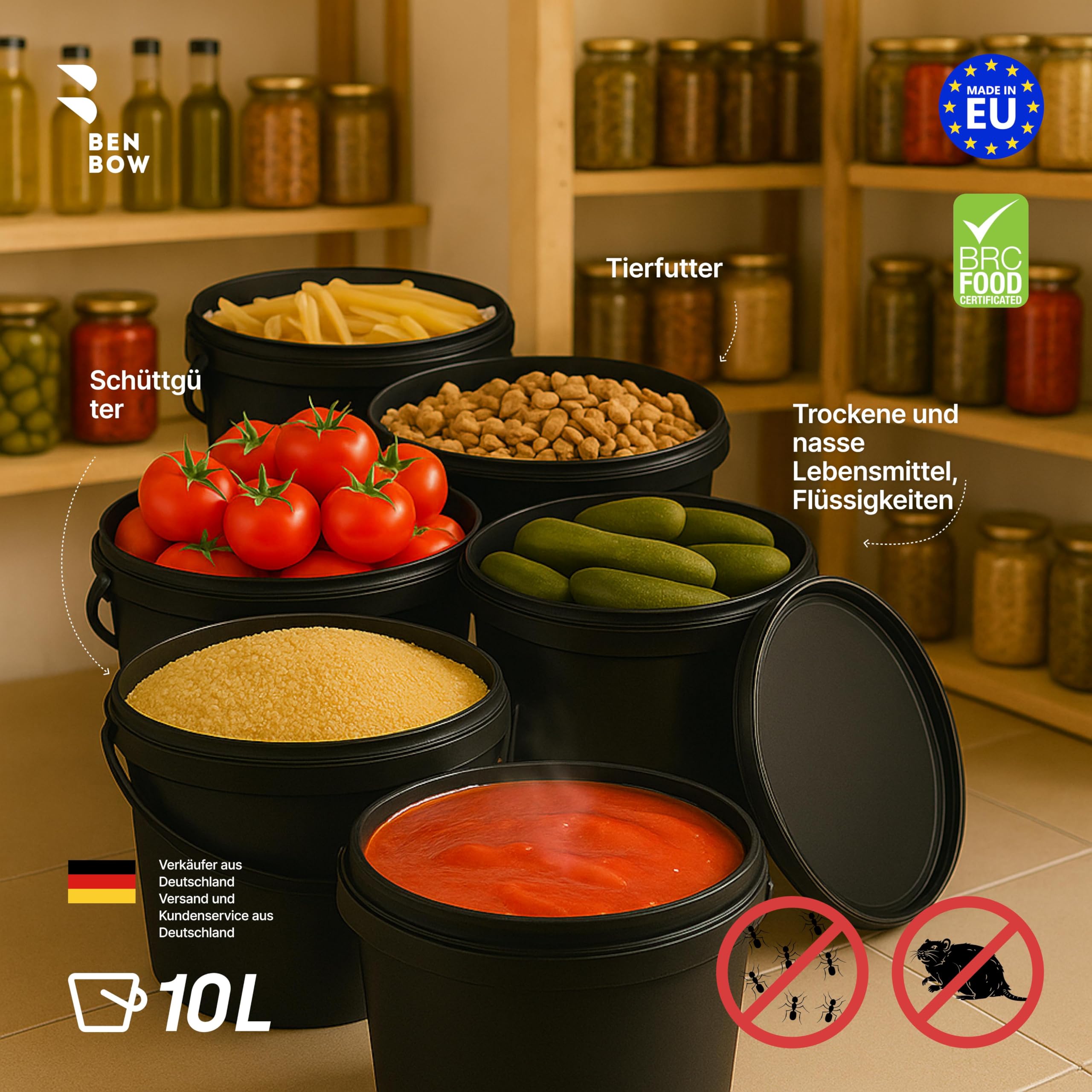 BenBow Eimer mit Deckel 10l schwarz 1x 10 Liter - lebensmittelecht, stabil, luftdicht, auslaufsicher, geruchsneutral - Aufbewahrungsbehälter aus Kunststoff, mit Henkel - leer