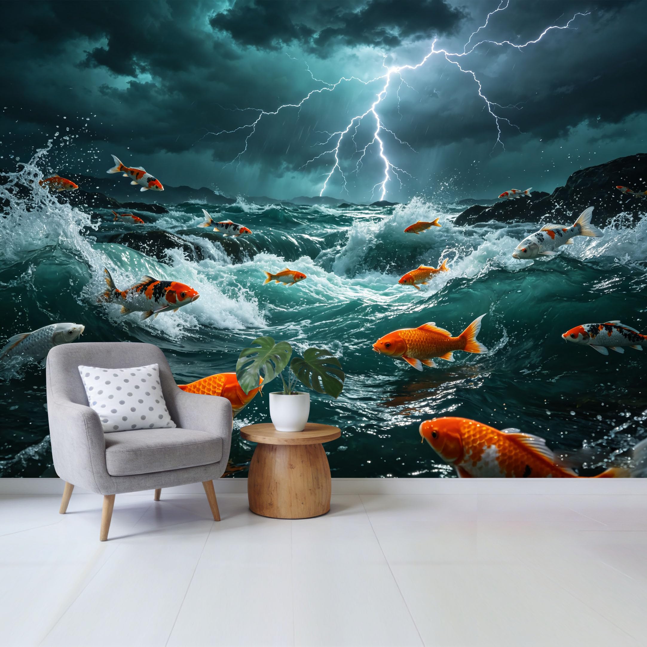 Qzlithotic Yq2605250042 Custom Size Wall Mural Stormy Ocean Waves Koi Fish Lightning Landscape 3D Contemporary Selfadhesive Wall Fabric Removable Wallpaper For Home Office Decor