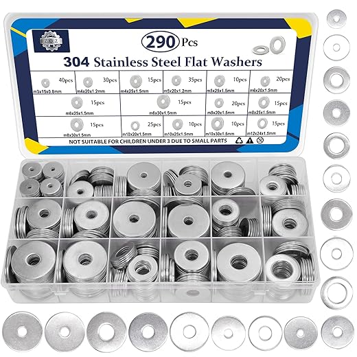 ZQZ 290Pcs Flat Washers, 304 Stainless Steel Fender Washers Assortment, 15 Different Sizes Wide Washer M3 M4 M5 M6 M8 M10 M12 Assorted Flatwashers Kit