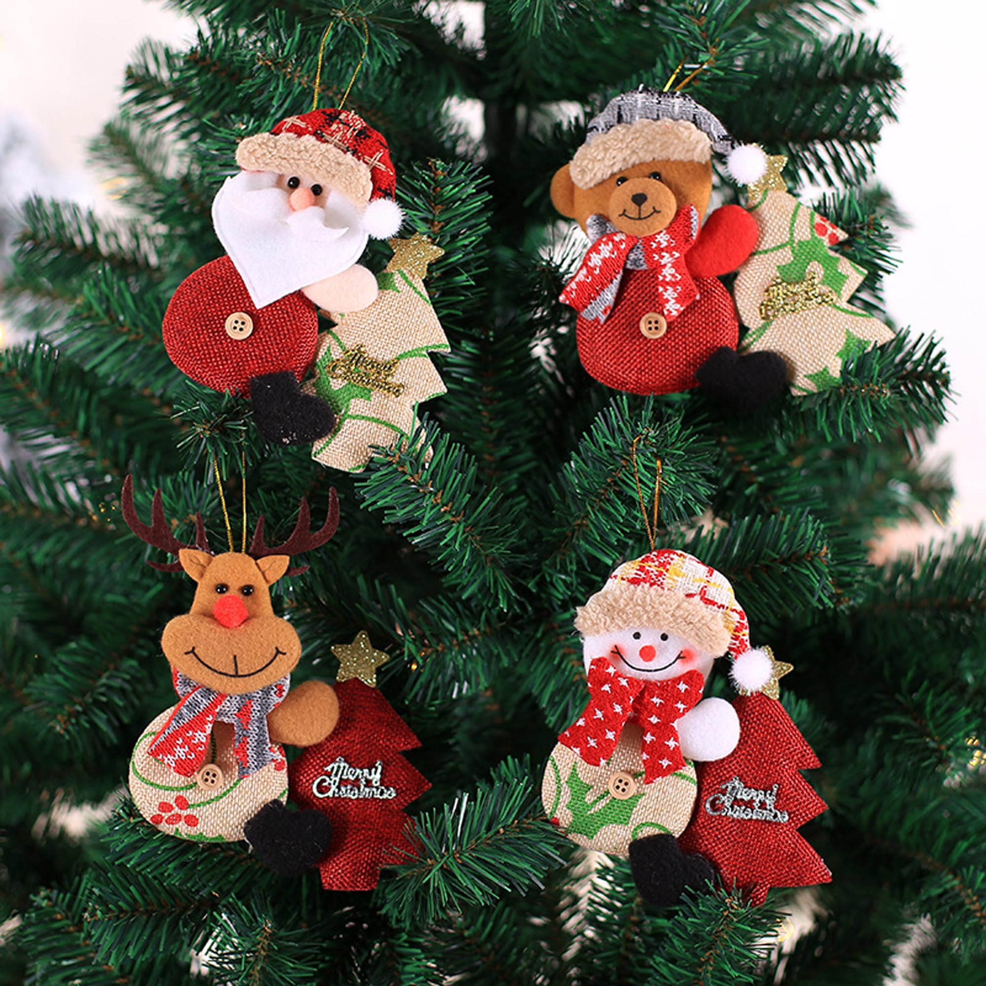 Pack De 4 Adornos Colgantes Navideños – Papá Noel Y Muñeco De Nieve De Tela Para Árbol De Navidad (EE. UU.)