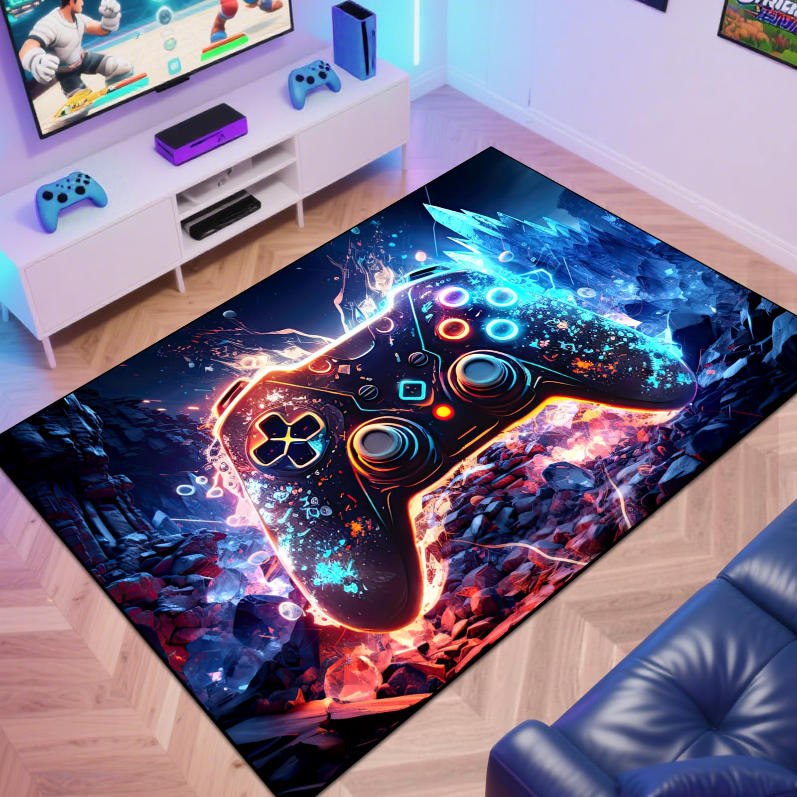 Gaming Area Rug Teen Boys Carpet, Colorful Gamepad Background Game Controller Design for Game Room, Boys Girls Bedroom Playroom, Living Room (Crystal