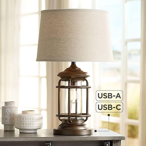 Miniatura 9 de Franklin Iron Works Andreas - Lámpara de mesa industrial con luz nocturna y puerto USB, 26 pulgadas de alto, tela de avena, pantalla cónica,