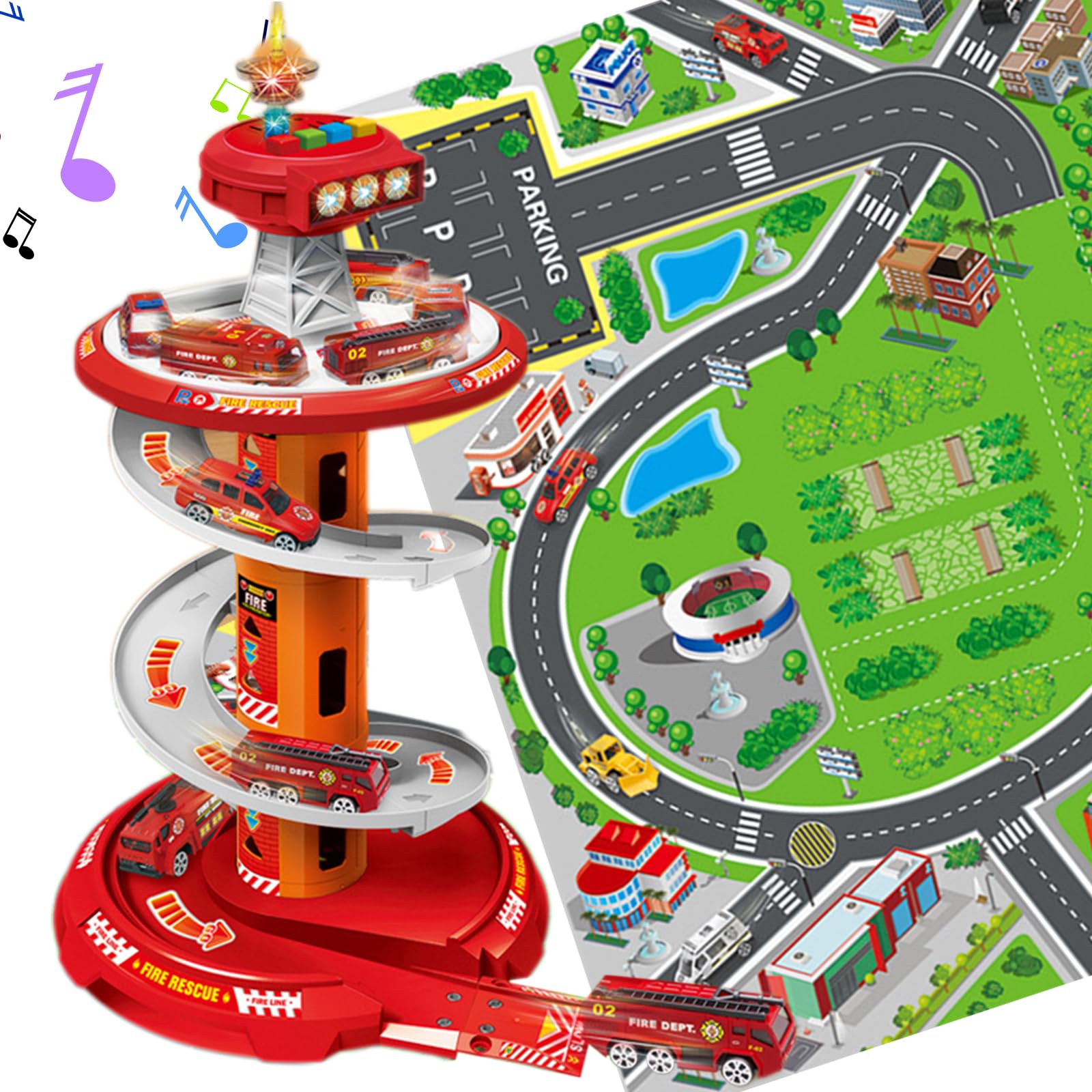 TOYBY Kids Garage Toy Set with Play Mat, City Garage Playset with 3 Cars, Race Track Car Garage Parking Adventure Toy, Toy Garage Vehicle Playset Gifts for 3 4 5 6 7 8 Years Old Boys Girls Toddlers