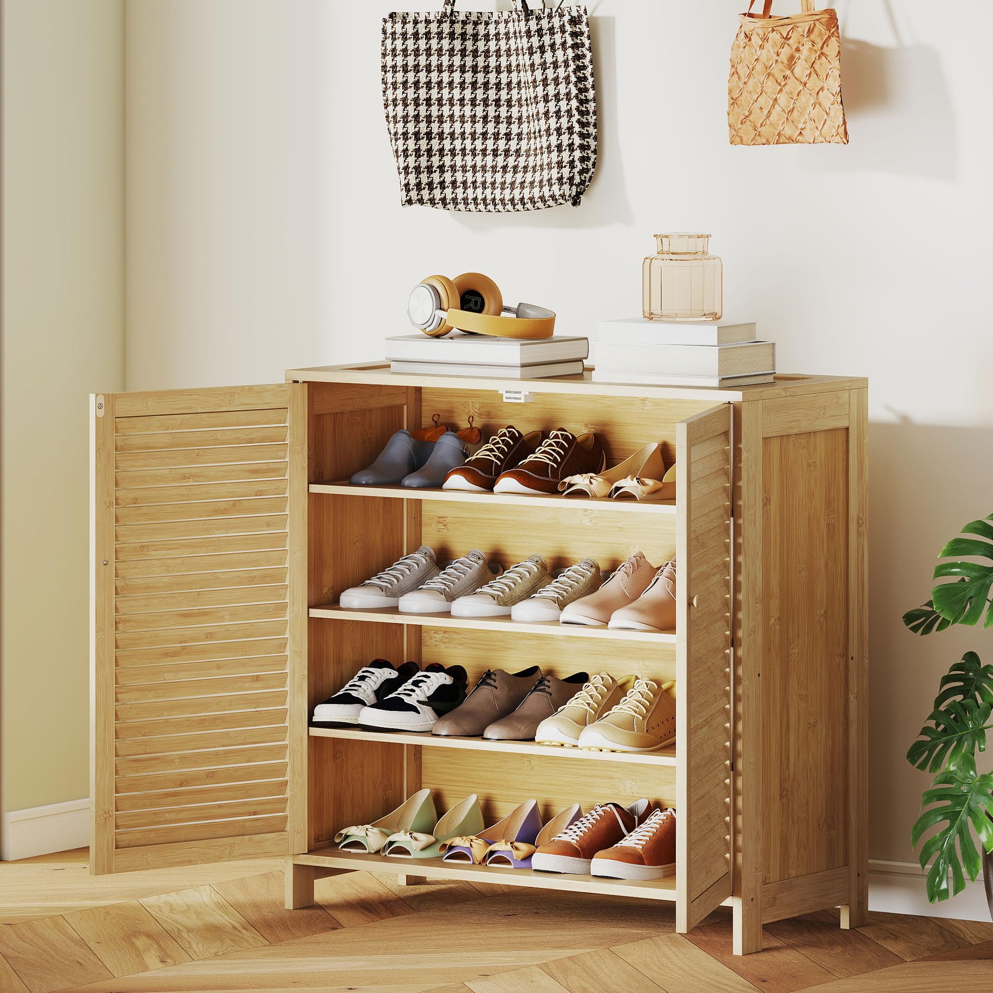 HOMCOM Mueble Zapatero de Bambú, Armario para Zapatos con Puertas de Persiana, Estantes Ajustables, para 14 Pares de Zapatos, Zapatero para Pasillo Recibidor, 80x35x80 cm, Natural