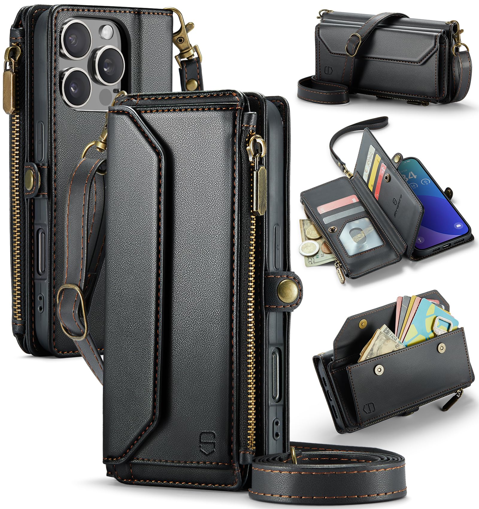 Strapurs Wallet Case Compatible with iPhone 16 Pro 6.3" RFID Blocking 10-Card Holder Soft PU Leather Magnetic Snap Shoulder Strap Zipper Pocket Phone