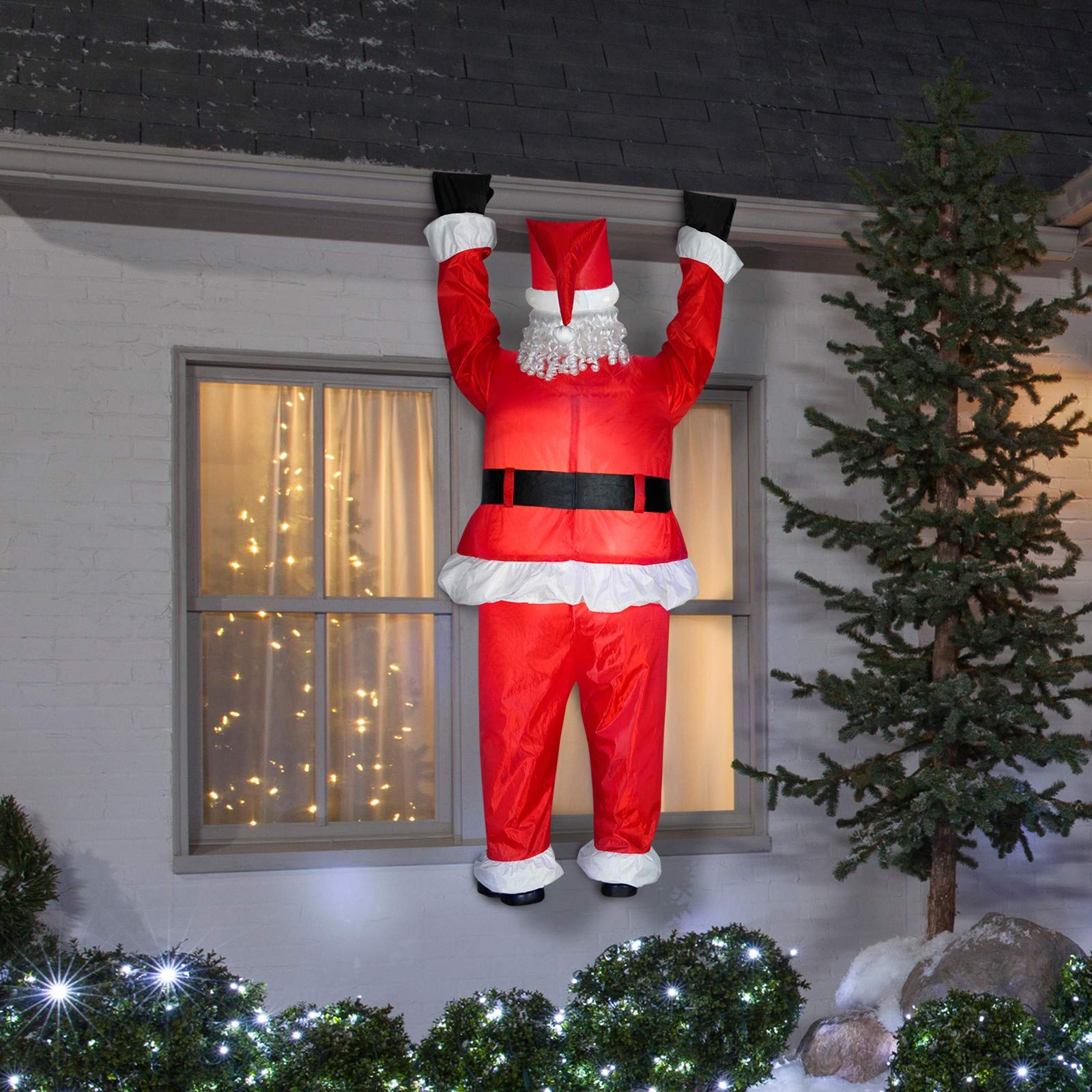 Gemmy Inflatable Realistic Santa Hanging from Gutter - Indoor Outdoor Holiday Decoration, Approximately 6.5-foot Tall