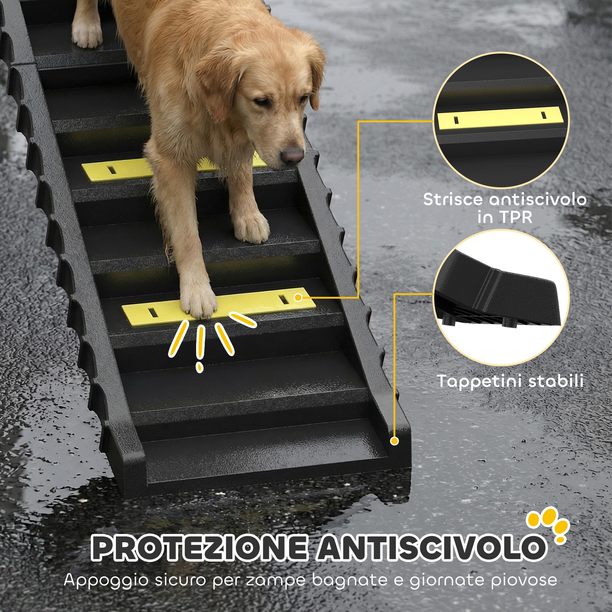 PawHut Rampa Pieghevole per Cani per Auto e Letti Alti, Scala per Cani Portatile a 10 Gradini con Strisce e Piedini Antiscivolo, Leggera, Supporta Fino a 68 kg, Nero