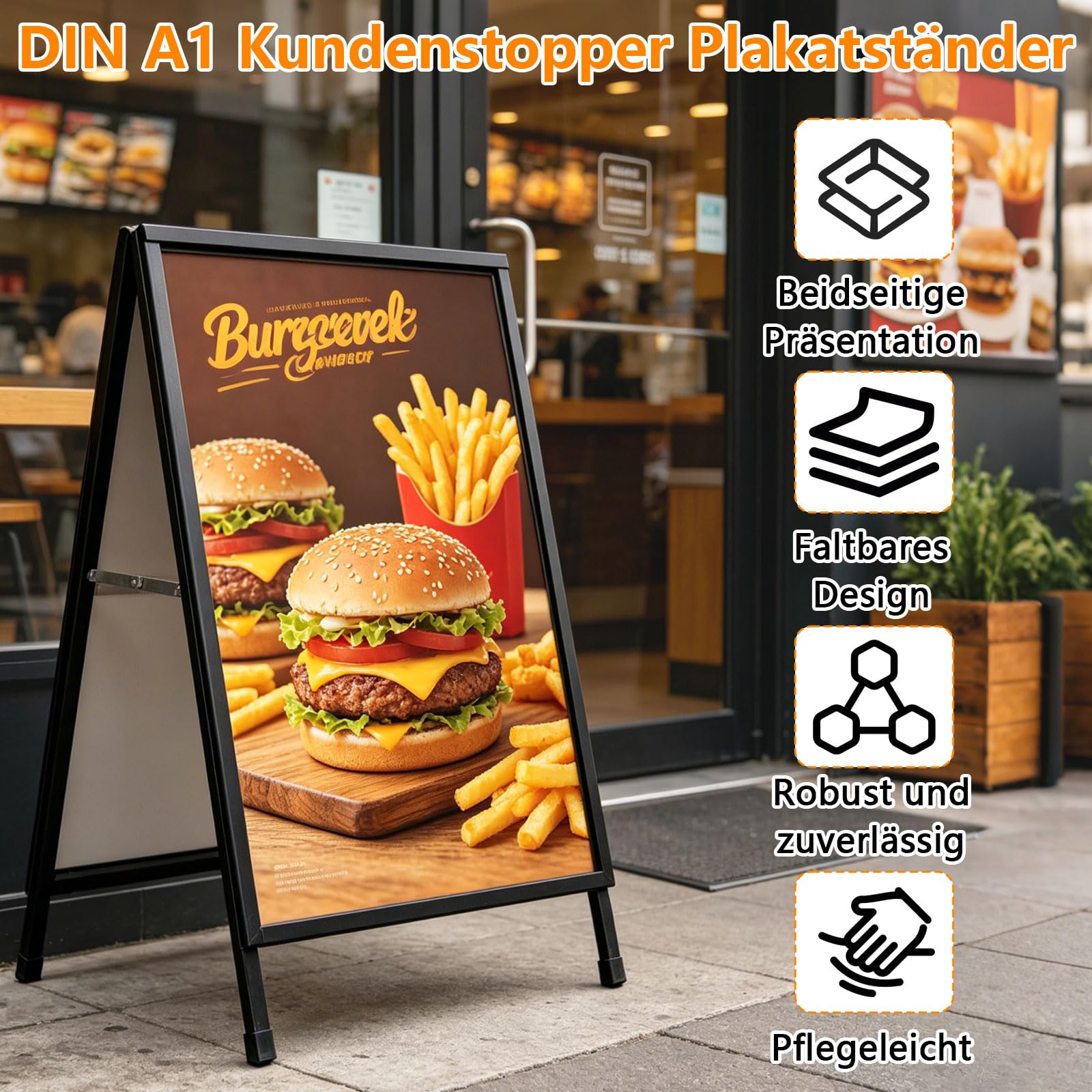 Support client DIN A1 - Double face - En fer - Pliable et stable - Cadre en A des deux côtés - Pour publicité, foires et trottoirs (A1 60 x 90 cm, noir)