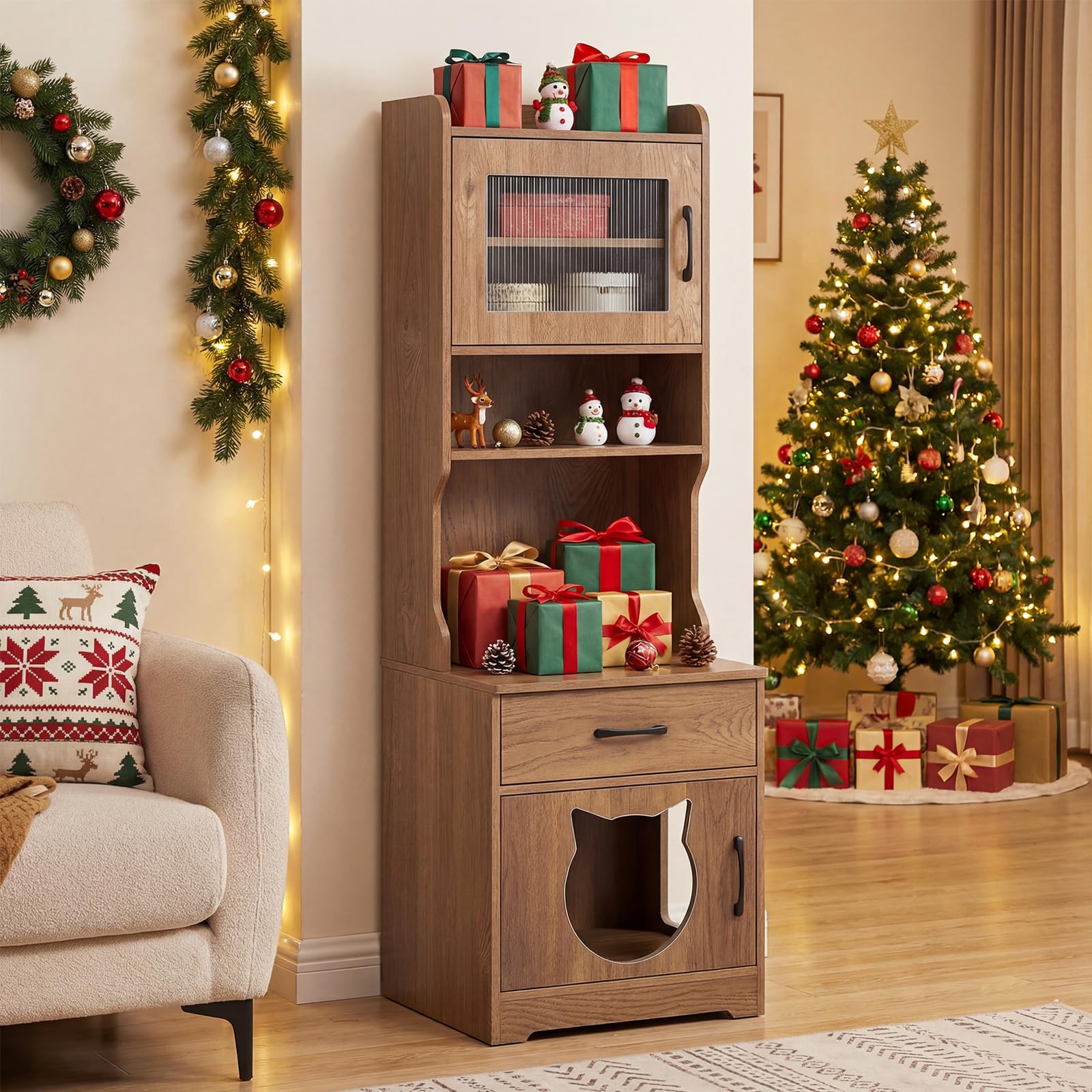 COSTWAY Mueble Arenero Gatos Alto con Luz LED, Armario Arenero para Gatos con Estantes, Estación de Carga, Cajón, 20 Modos de Luz, Control Remoto, Mueble Auxiliar para Gato, 50x45x152 cm (Natural)