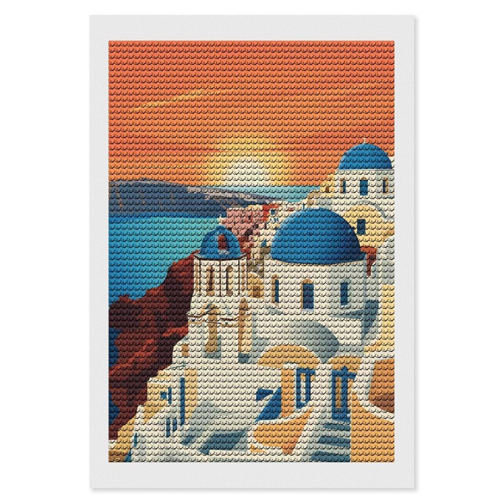 Junmoney Santorini Sunset Illustration Diamond Painting Set 8"x12", Arts and Crafts, Wall Art Gift, Full Kit Included, Relaxing Handmade Project