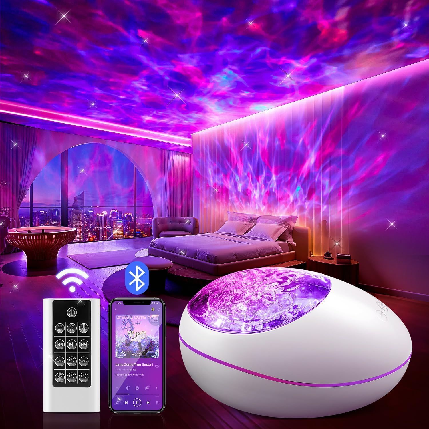 Yagzon Galaxy Projector, Led Star Night Light Ocean Wave Projector with Bluetooth Music Speaker, Remote Control & 8 Starlight Light Projector Modes for Kids Adults Bedroom Game Room Decor