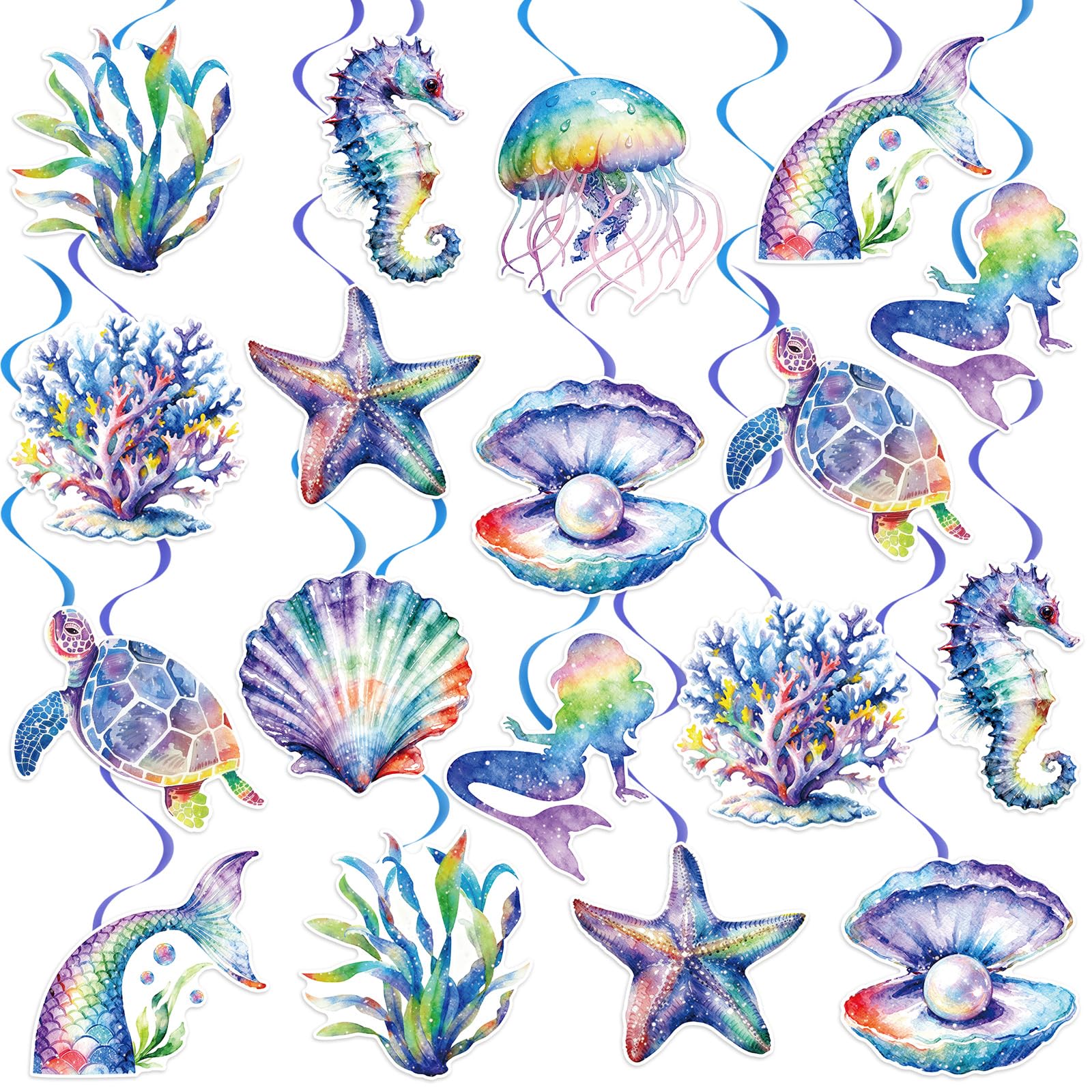 40Pcs Mermaid Hanging Swirl Decorations, Watercolor Mermaid Birthday Party Ceiling Hanging Swirls Mermaids Foil Swirls Streamers for Mermaids Themed Birthday Summer Ocean Party Decor Supplies