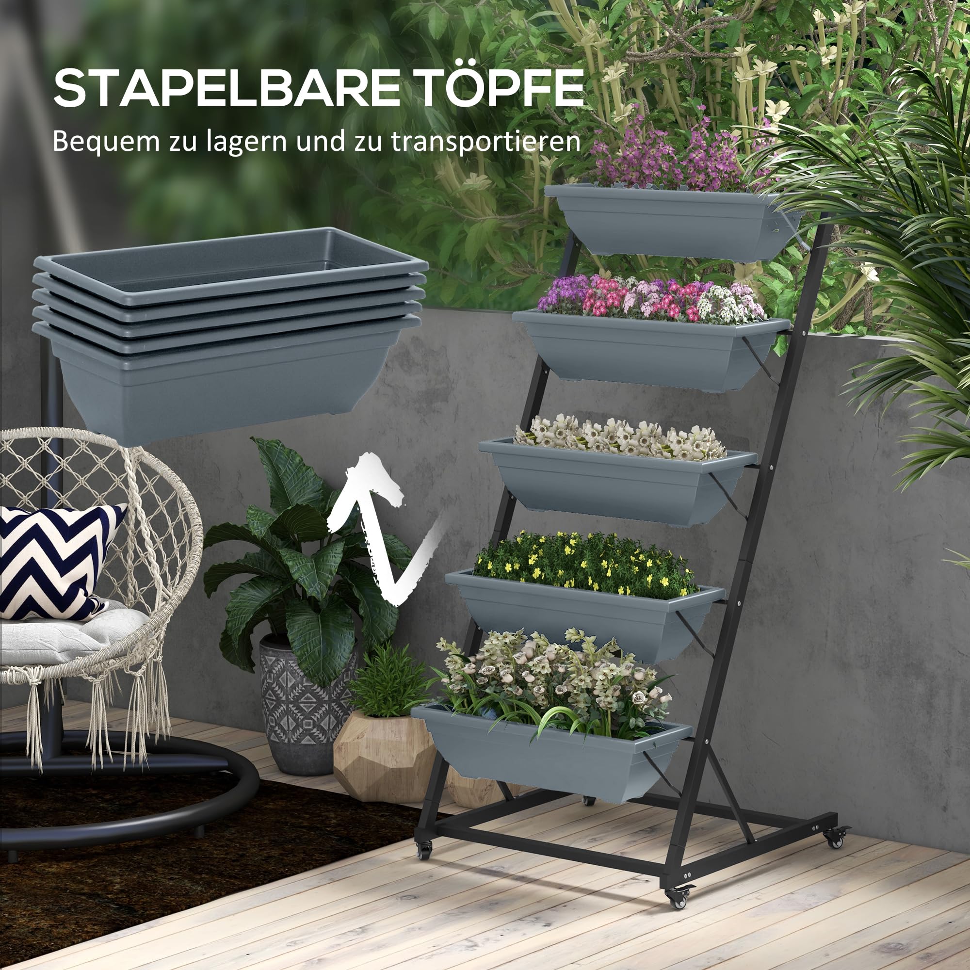 Outsunny 5-Etagen Pflanzenständer, 145 cm hoch Blumenständer mit Rollen Töpfe, Pflanzenregal aus Stahl, mehrstöckig Blumenregal, Blumentreppe Blumentopfständer für Garten Balkon, Grau