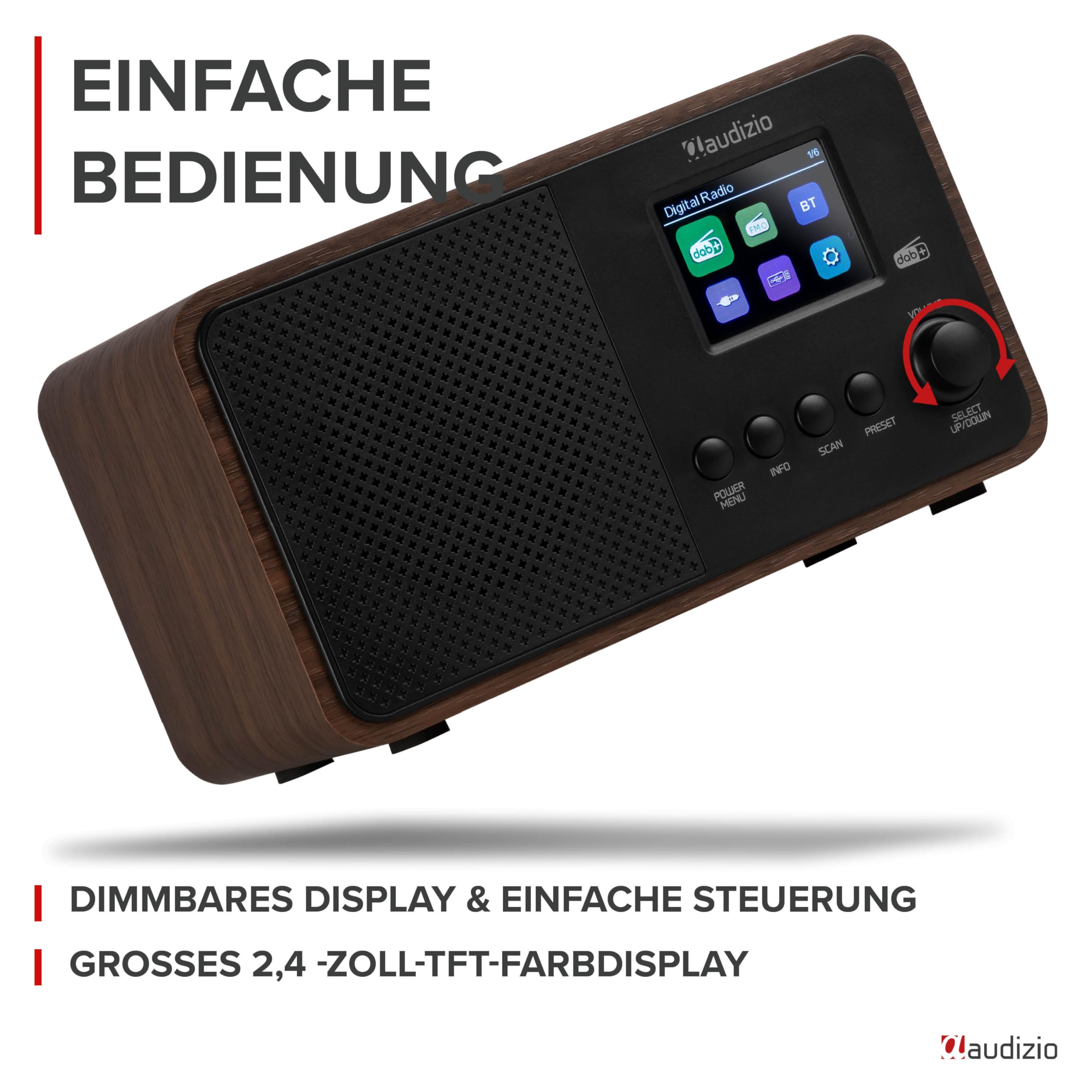 Audizio Avio - Kompaktes DAB Plus Radio mit Bluetooth, Digitalradio, FM & UKW, AUX, 30W Lautsprecher, 40 Speicherplätze, Küchenradio mit Display, Radiowecker mit Sleeptimer, Auto-Suchlauf - Schwarz