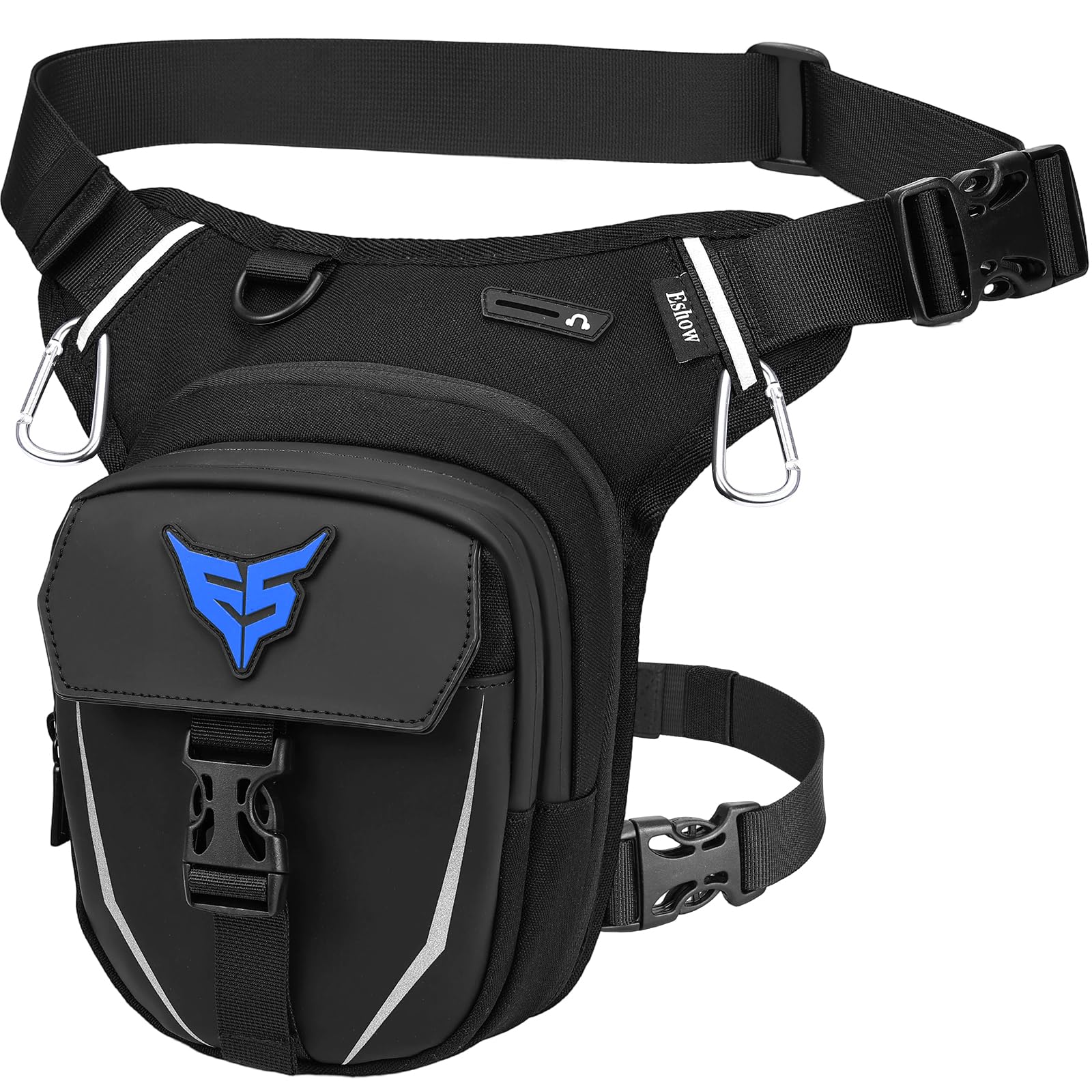 Eshow Beintasche Motorrad für Herren Damen, Oberschenkeltasche Gürteltasche Erweiterbare Stauraum, Bauchtasche Reflexstreifen Verstellbarer Beinriemen mit 2 Karabiner für Wandern Radfahren Schwarz