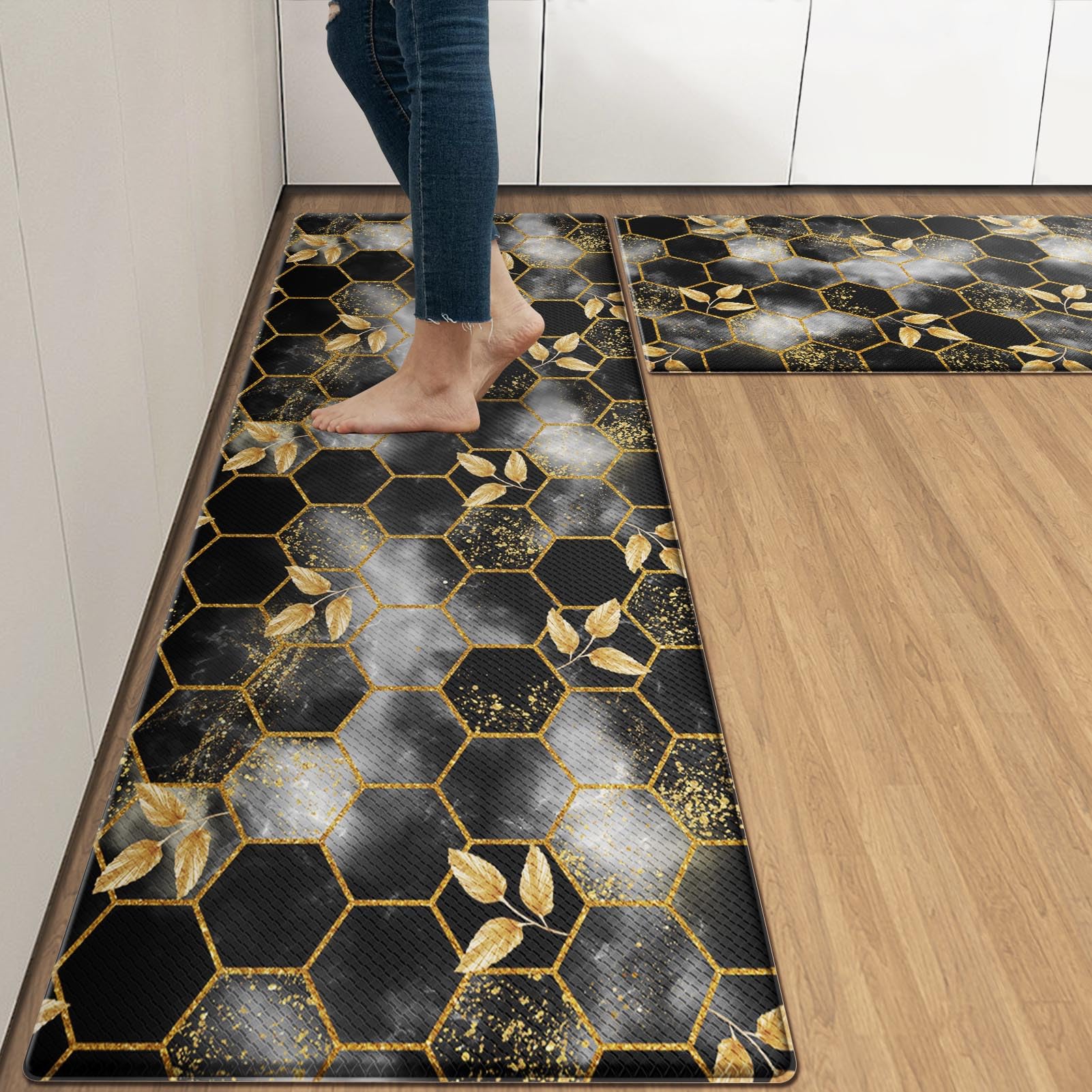 Arttown Marble Anti-Fatigue Kitchen Rug Set of 2 Black Gold Honeycomb Vintage Geometric Cushioned Kitchen Floor Standing Mat Waterproof Non-Slip Kitchen Mat and Rugs PVC Ergonomic Comfort Foam Rug — image 1