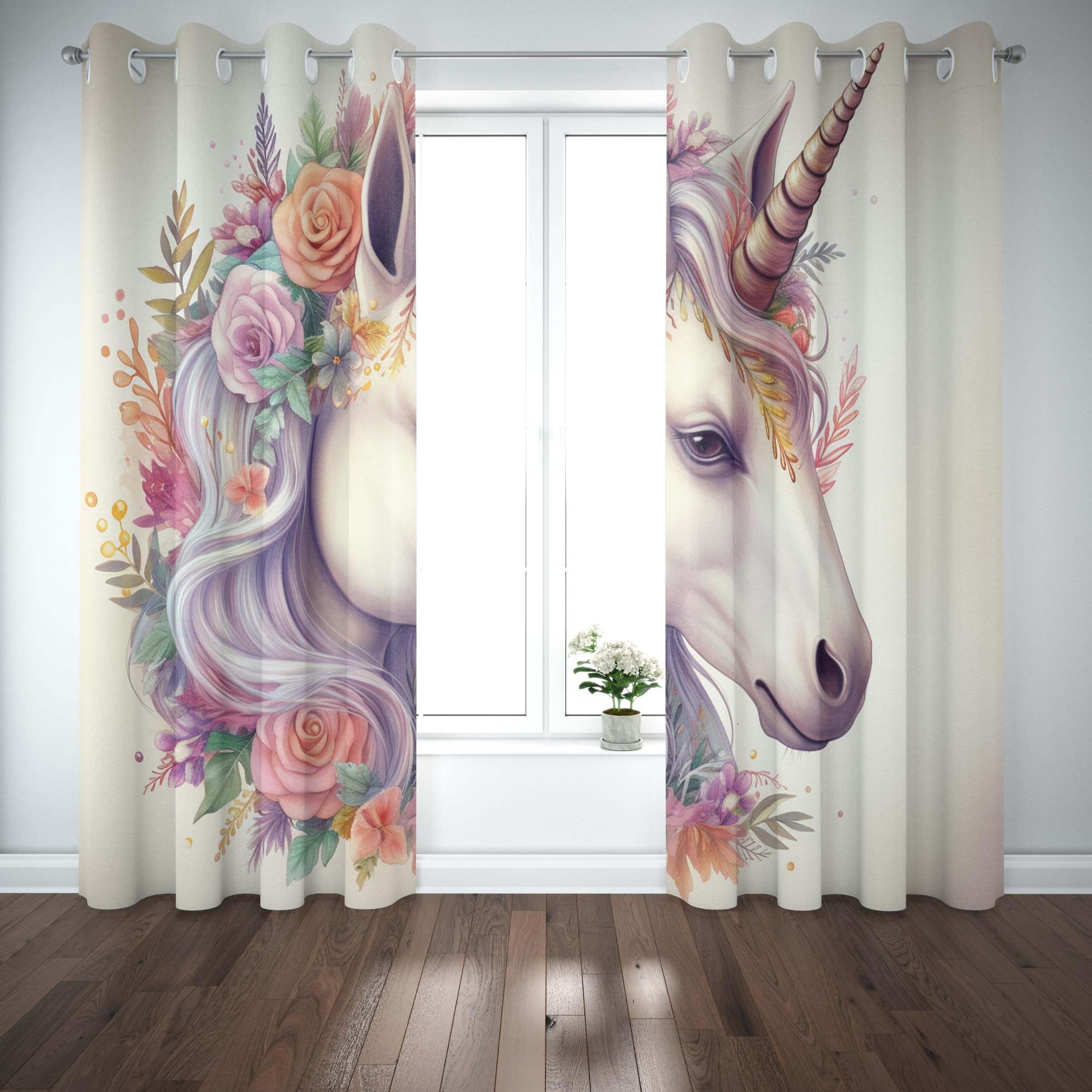 Lot de 2 Rideau Occultant Thermique 140L X 225H cm Fantaisie Art Licorne Rideaux Isolation Lumiere Anti UV Draperies d’intimité à Oeillets Beige pour Chambre Salon Décoration Fenêtre
