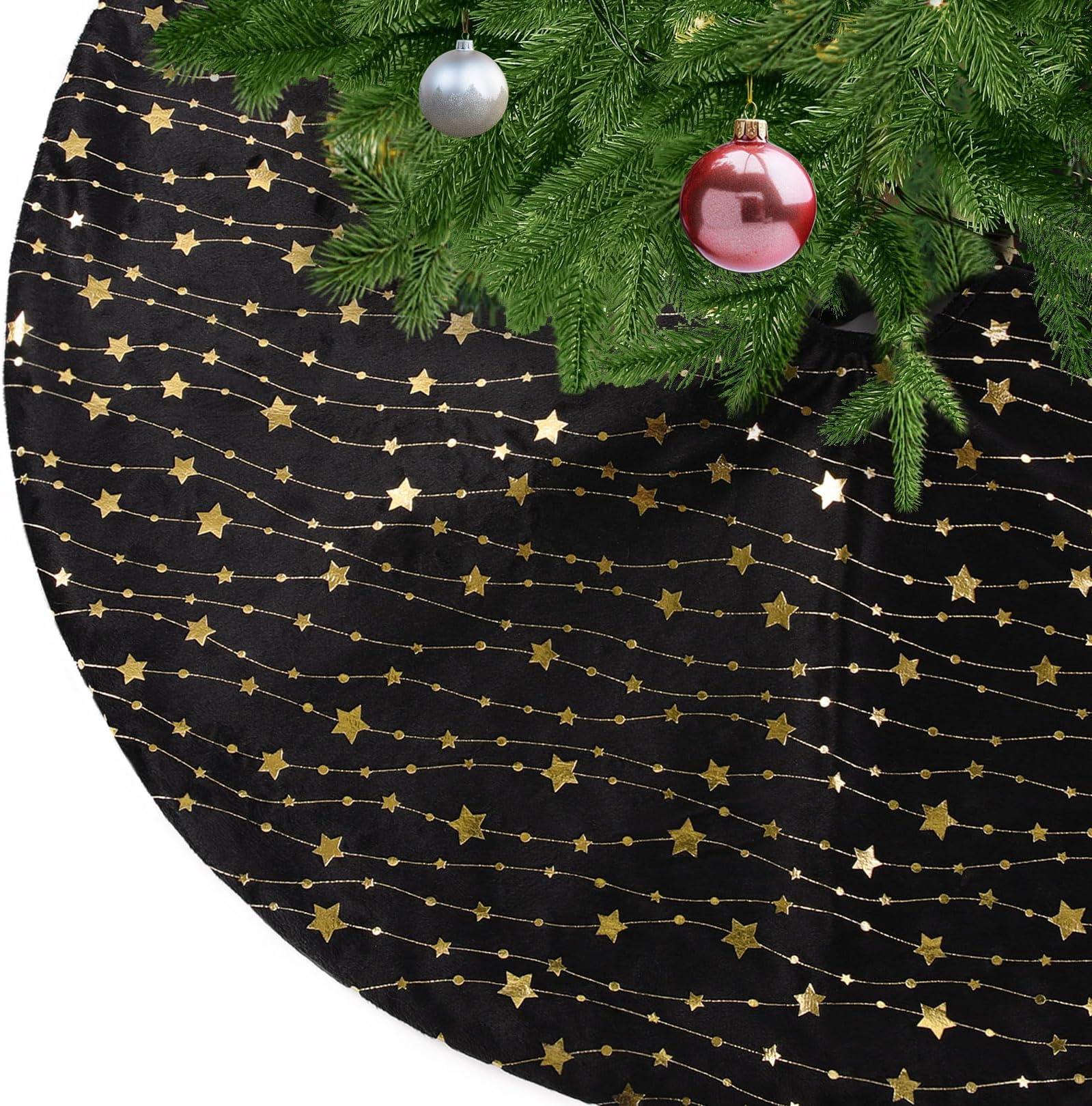 Black Christmas Tree Skirt Velvet Xmas Tree Skirt with Golden Star Christmas Tree Mat Blanket Floor Protector Luxury Christmas Tree Decorations