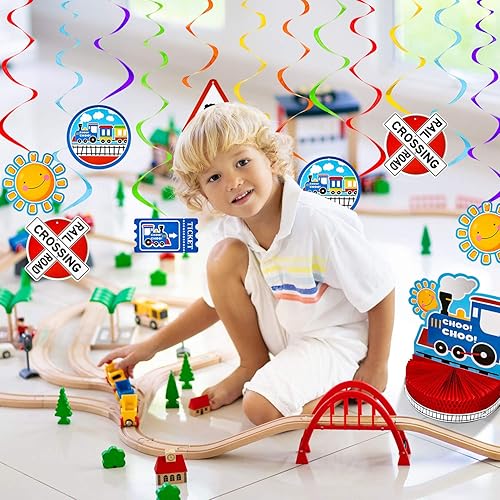 Miniatura 5 de Juego de decoraciones de fiesta de cumpleaños de tren, centro de mesa de panal de abeja, pancarta de feliz cumpleaños con 6 piezas de decoración de