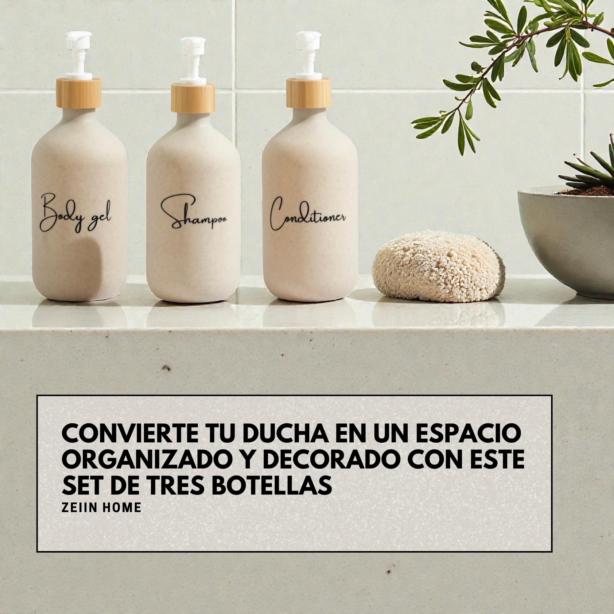 Dispensador jabon baño 500ml Beige con Detalle de bambú - Set de 3 Botes para Gel y champu acondicionador - Dosificador jabon baño Elegante y Funcional para Mantener la Ducha ordenada y Decorada