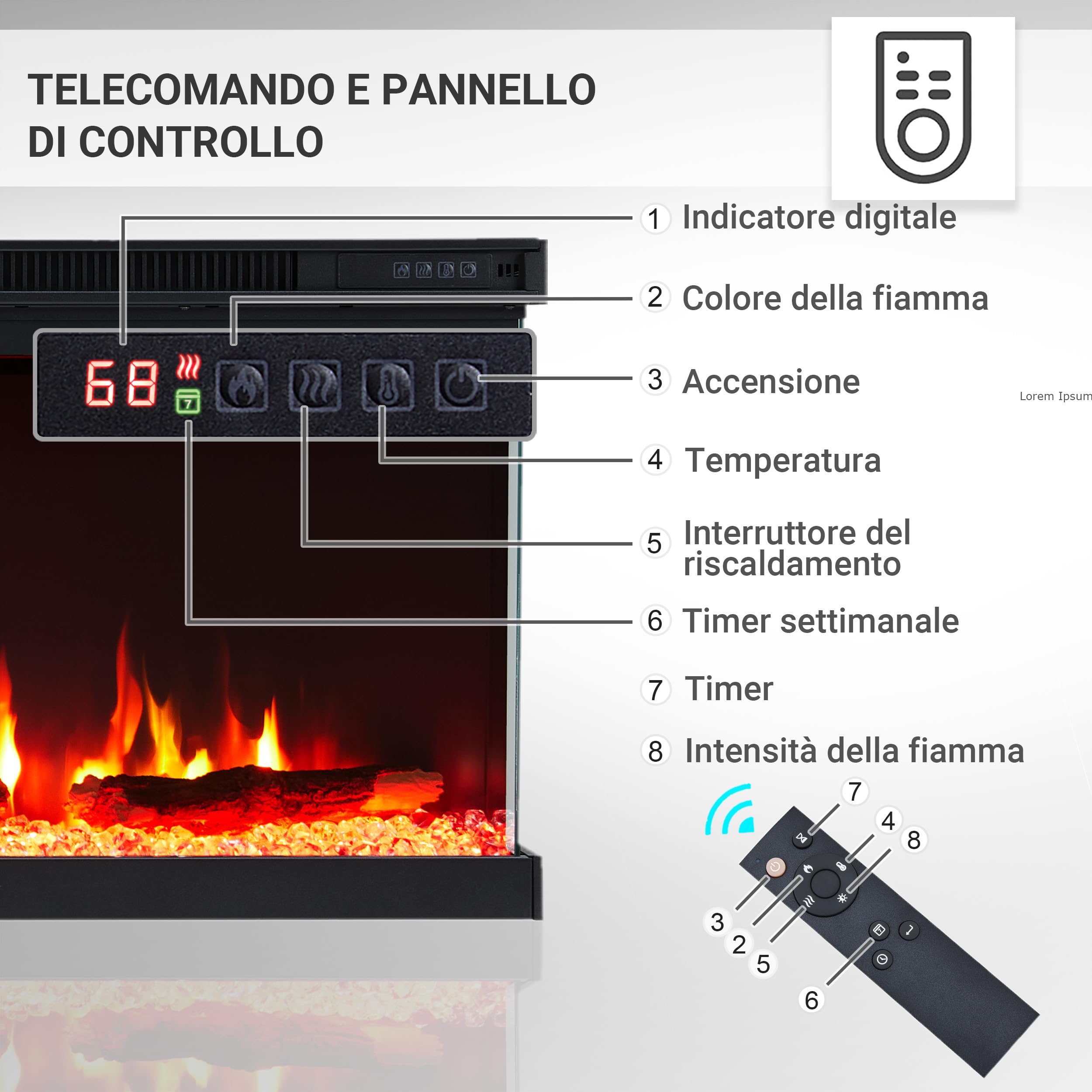 Camino elettrico BALDERIA Orson 50" | Camino elettrico da parete/incasso, effetto fiamma 3D LED, intensità variabile, riscaldamento 1800 W, timer, termostato, telecomando | nero