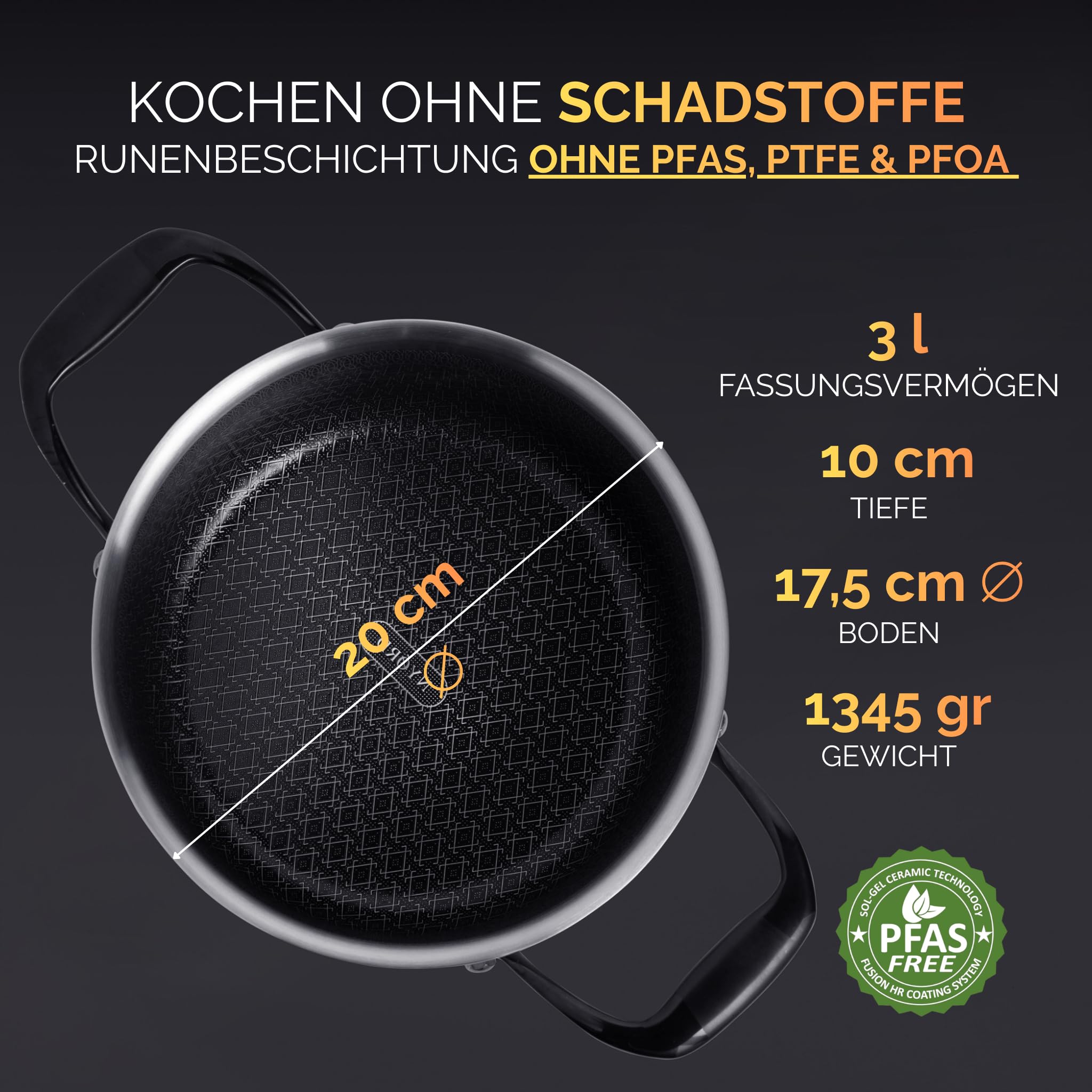 NYORD Edelstahltopf - Antihaft, Kratzfest, Kochtopf Wabenstruktur, Spülmaschinenfest, Hybrid Topf, Keramik Beschichtung, PTFE & PFOA frei, Ofenfest, für Induktion, Gas & Ceran, mit Deckel - 20 cm, 3 l